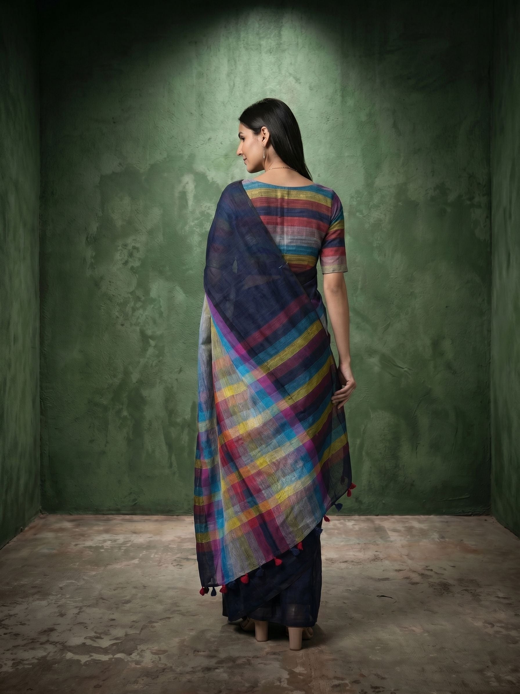 Semi Linen Midnight Blue Multicolour Horizontal Stripe Pallu Saree with Red & Blue Tassel Fringe