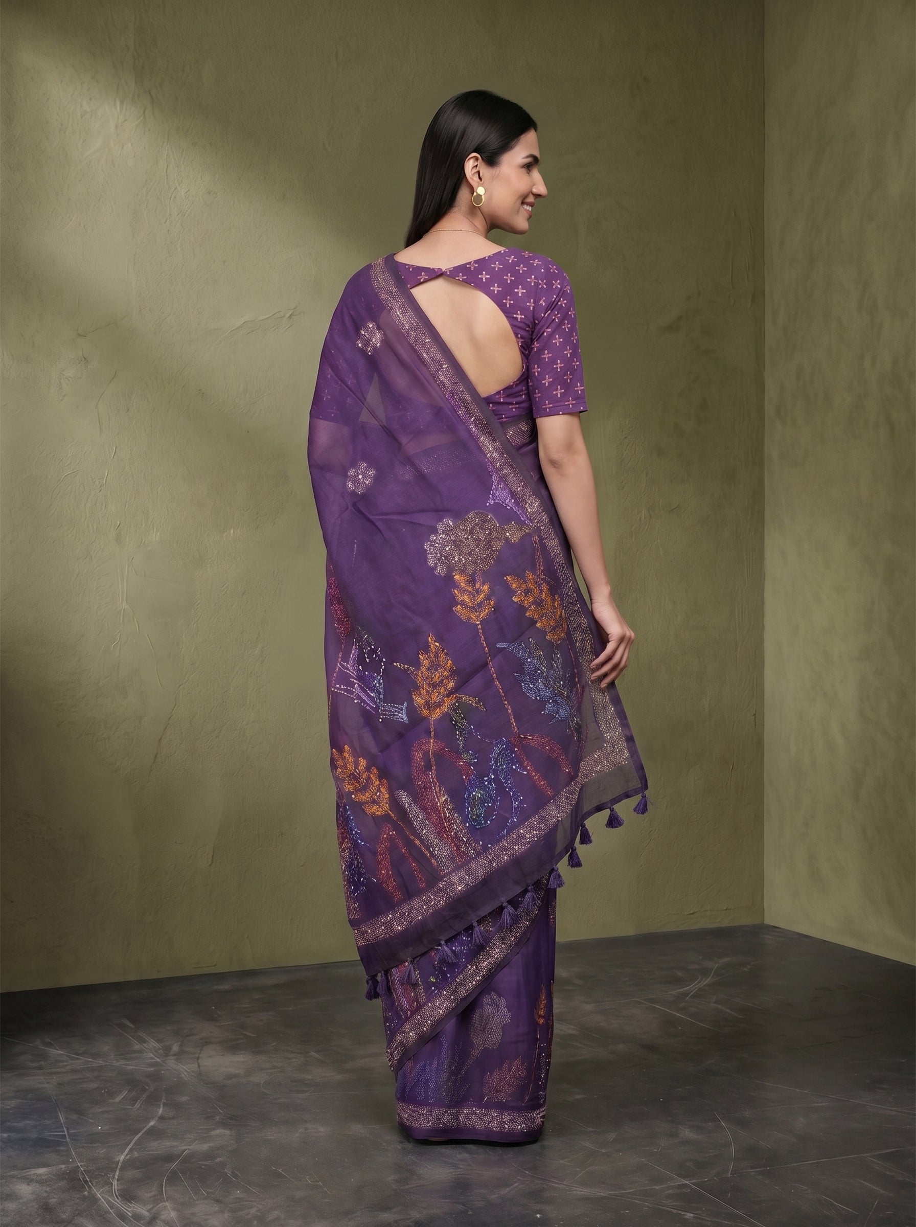 Soft Organza Violet Purple Multicolour Kantha & Sequin Embroidered Botanical Saree with Crystal Zari Border