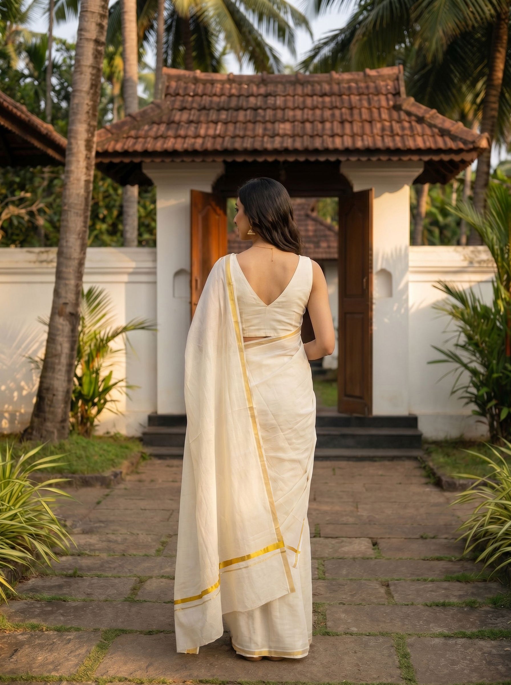Cotton Cream Gold Kasavu Border Traditional Kerala Set Mundu