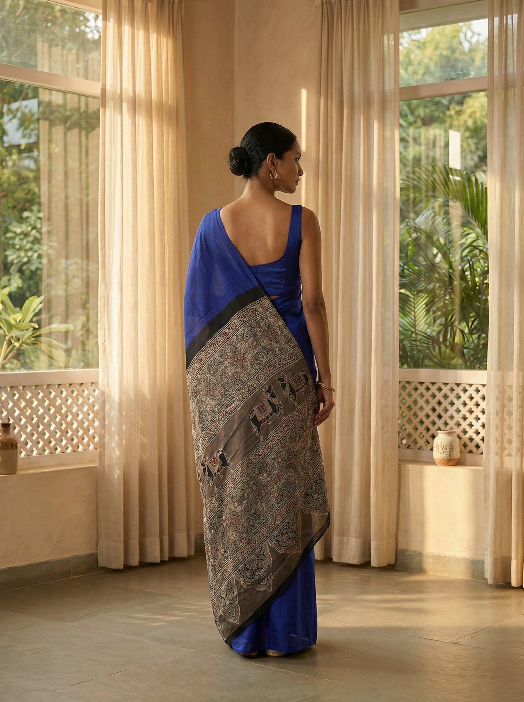 Modal Royal Blue Ajrakh Pallu Saree