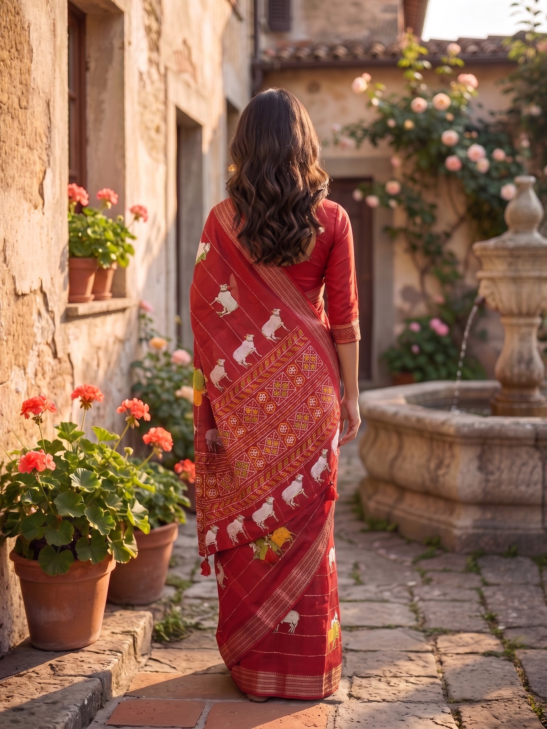 Semi Tussar Ruby Red Heritage Saree with Traditional Motifs