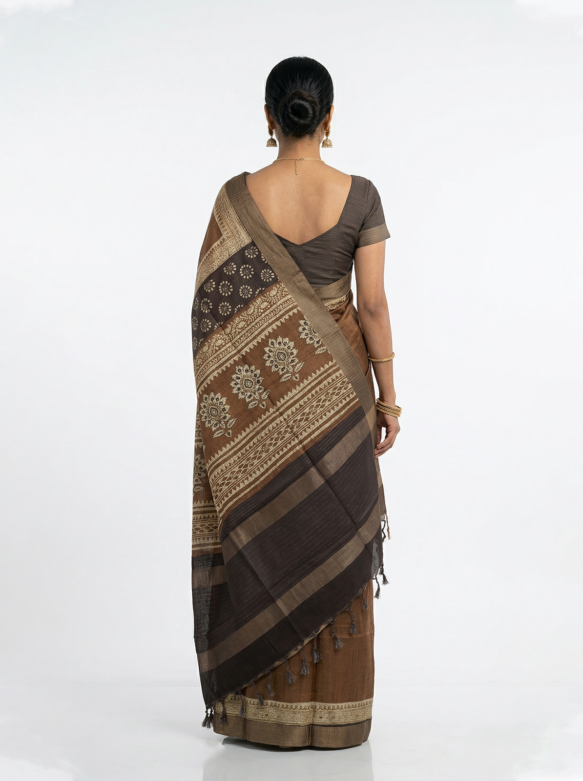 Semi Jute Coffee Brown Traditional Motif Border Saree