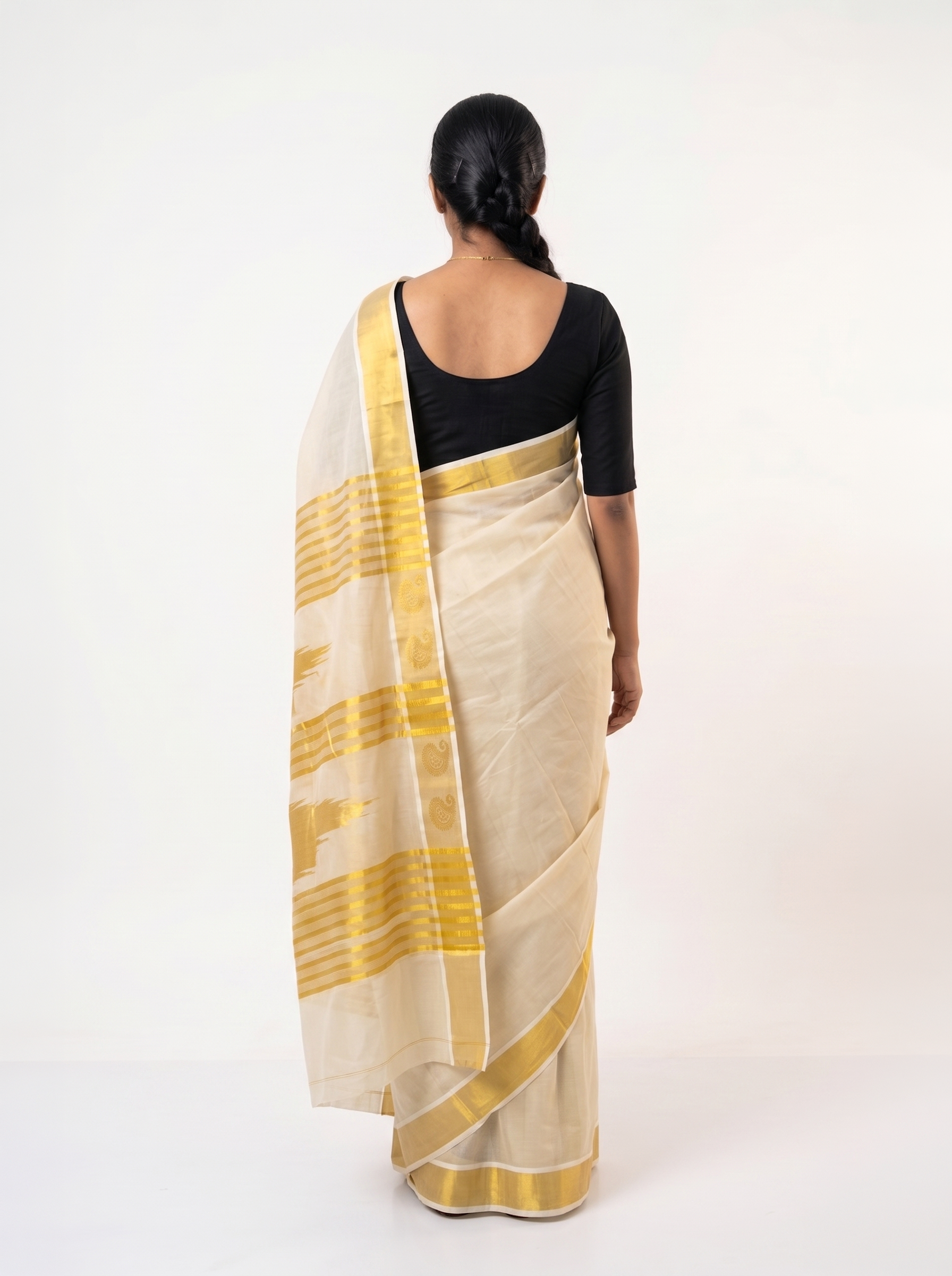 Cotton Cream Kasavu Saree with Golden Woven Border and Jacquard Pallu