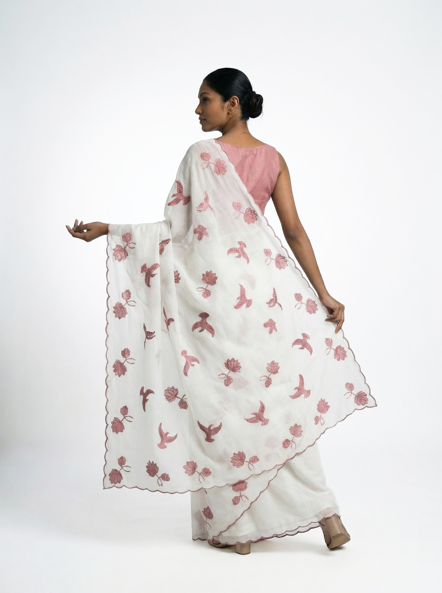 Organza Off White Floral Bird Print Designer Saree with Scalloped Border Detailing