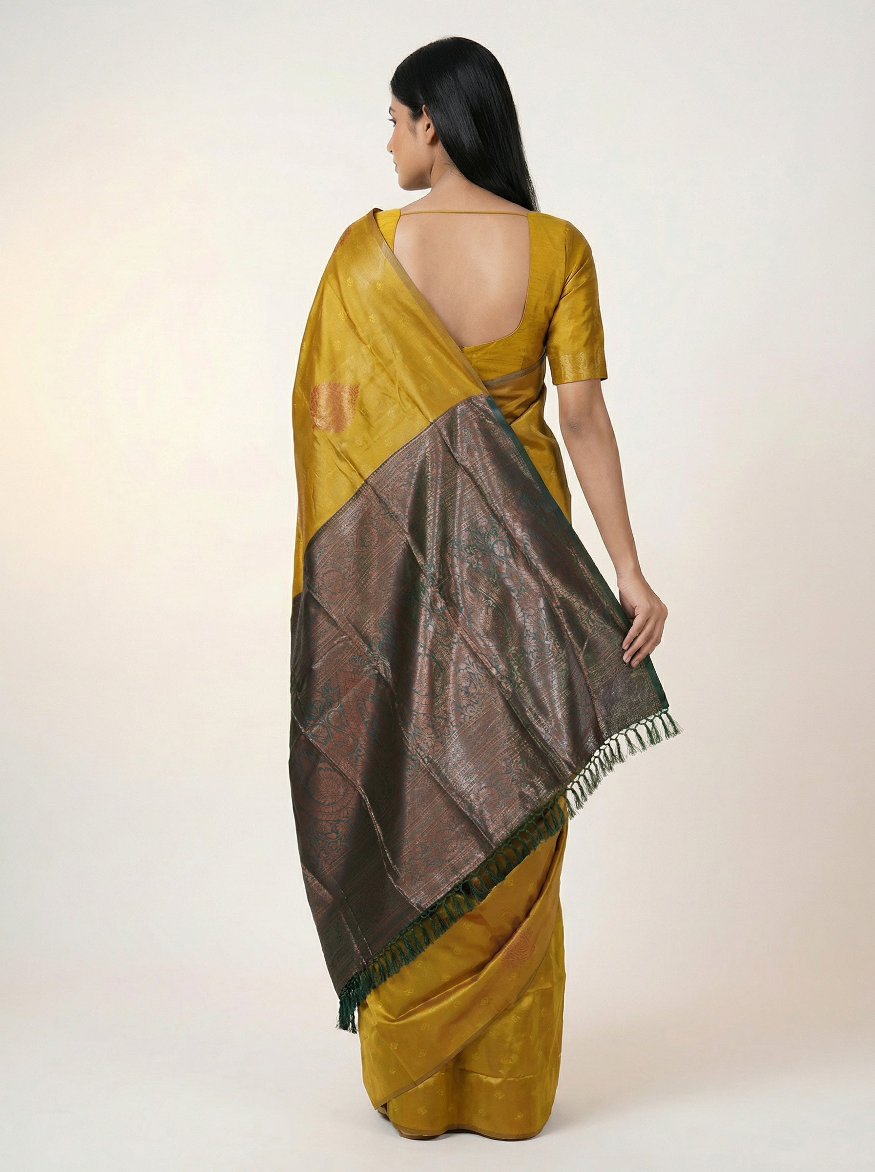 Silk Premium Ochre Yellow Saree with Bottle Green Contrast Blouse