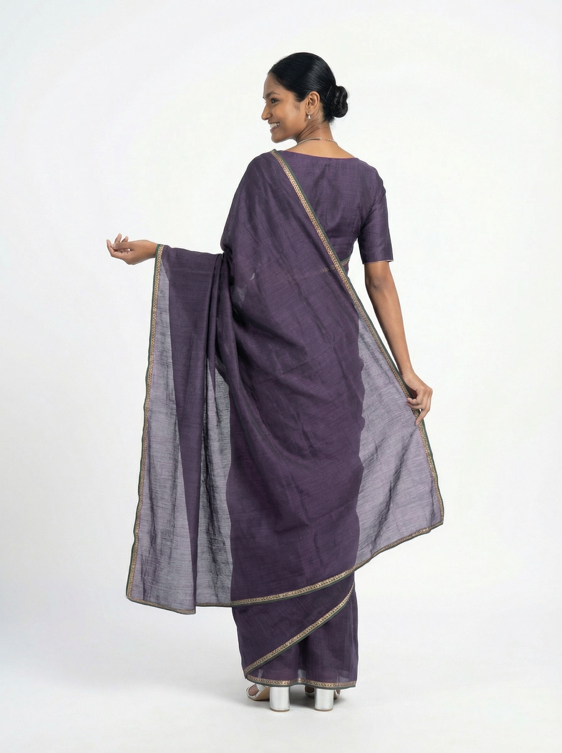 Shimmer Organza Dusty Purple Plain Saree with Minimal Embellished Border