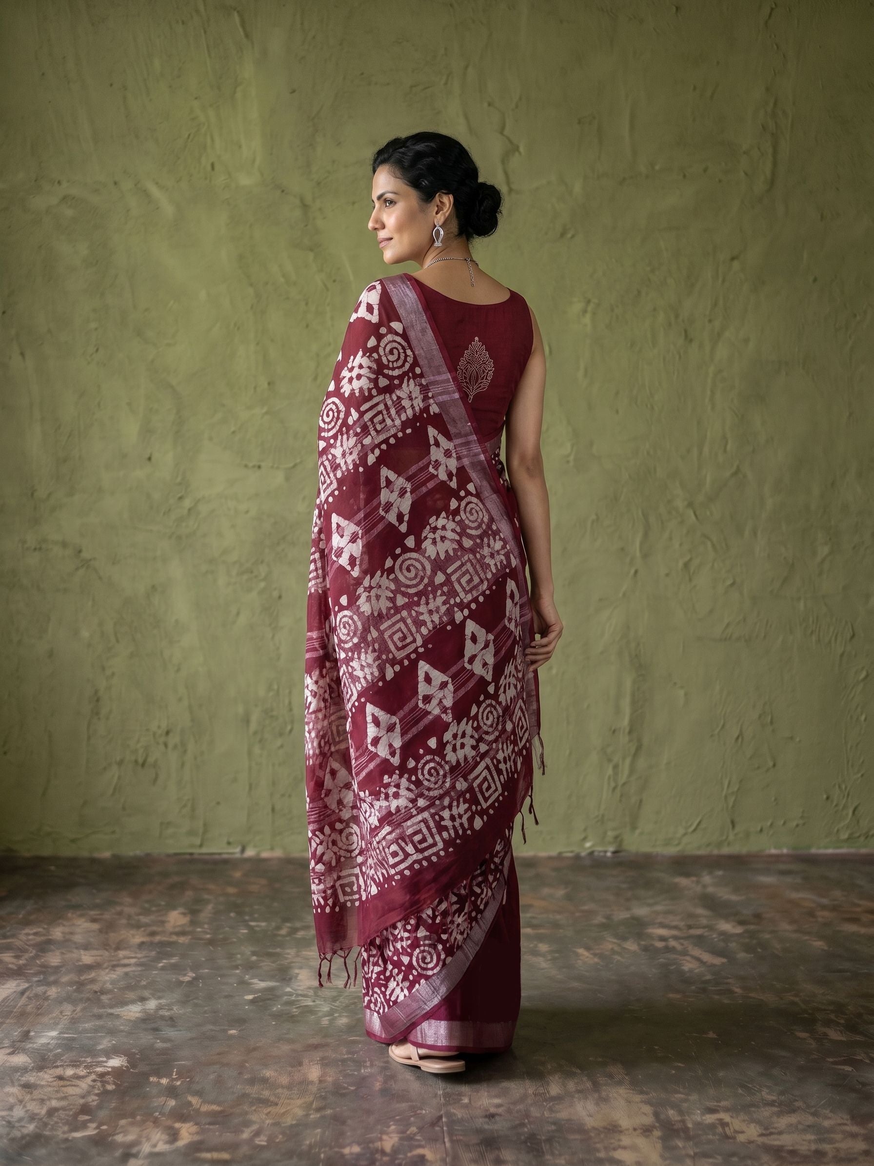 Cotton Maroon Batik Print Saree with Tribal Geometric Motifs & Woven Border