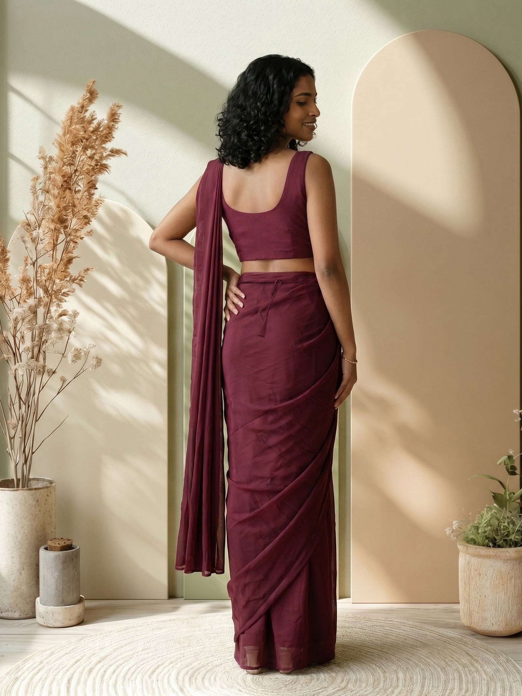 Satin Wine Purple Sequins Embellished Ready to Wear Saree