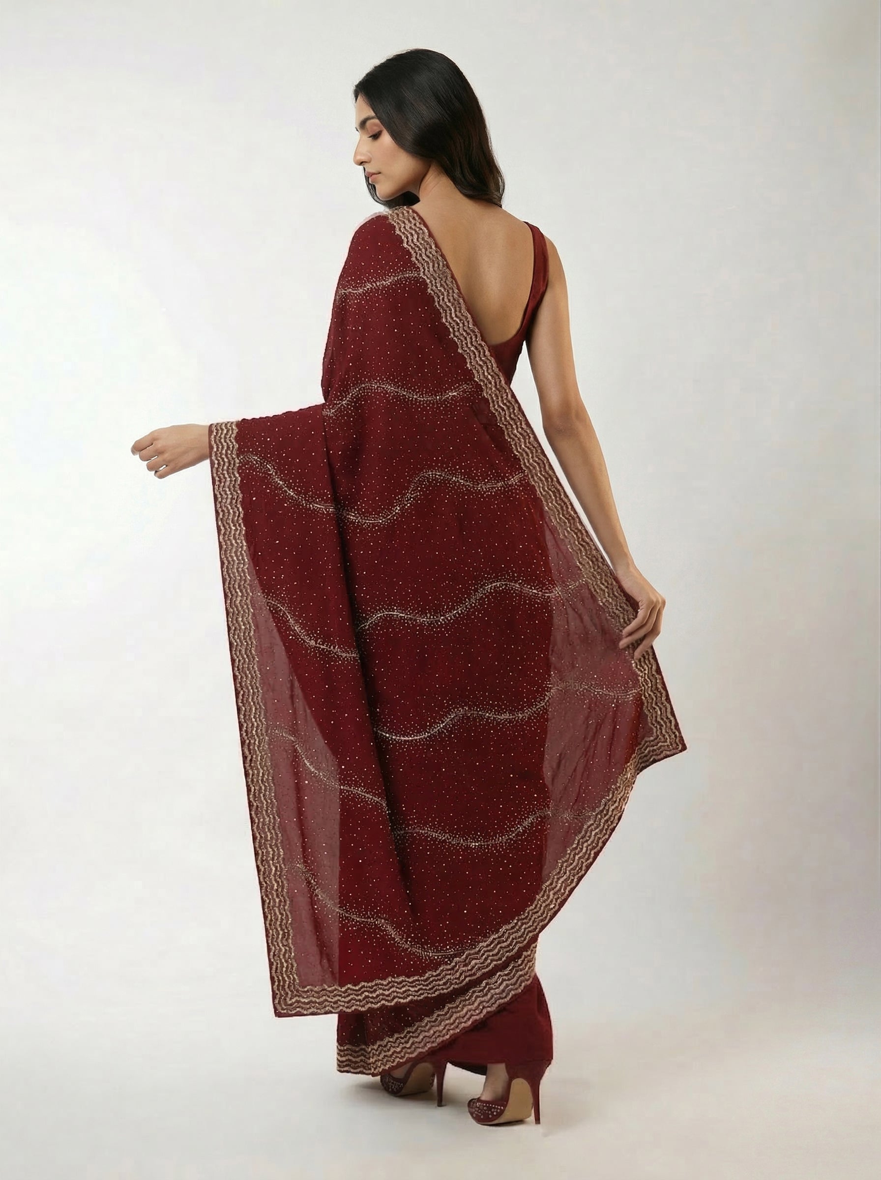 Vijithra Silk Rich Maroon Stone Work Party Wear Designer Saree