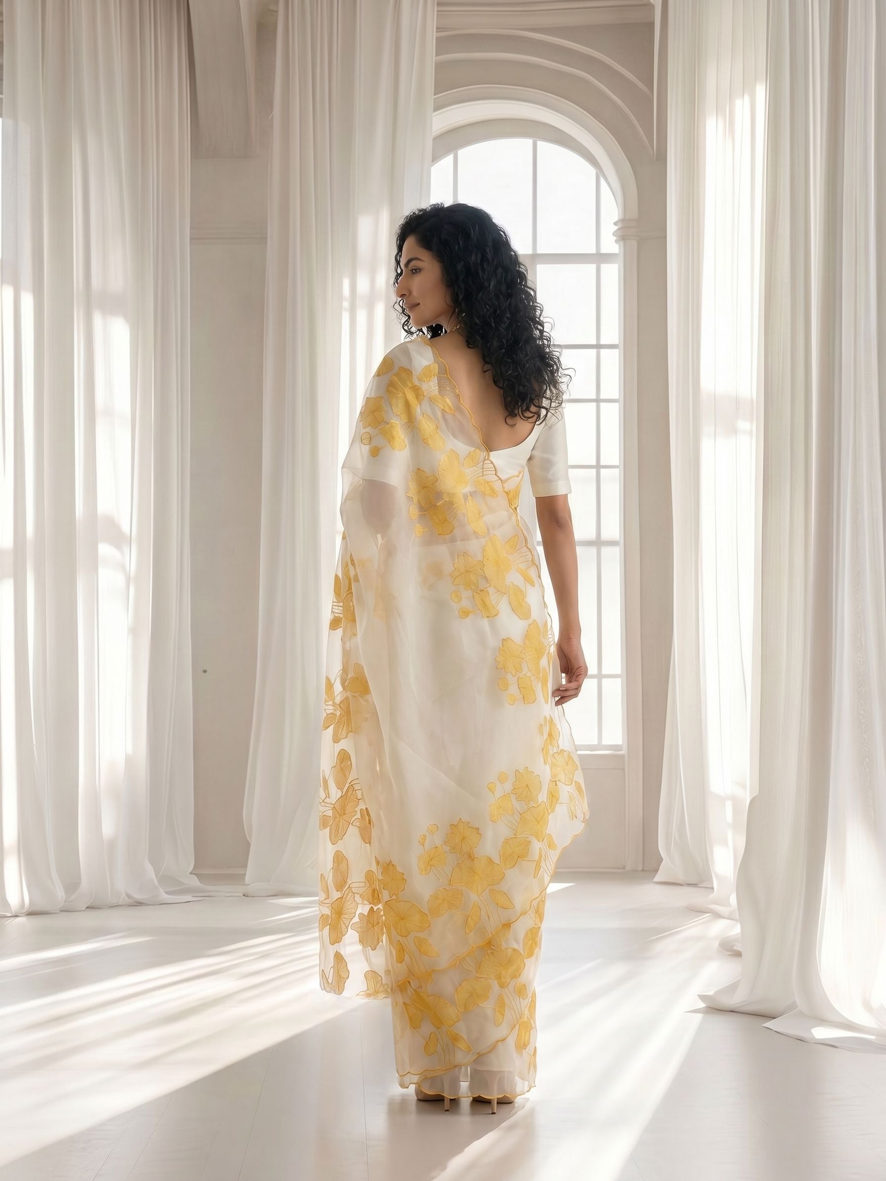 Organza Silk Off-White & Mustard Yellow Lotus Botanical Applique Saree Festive & Wedding Wear