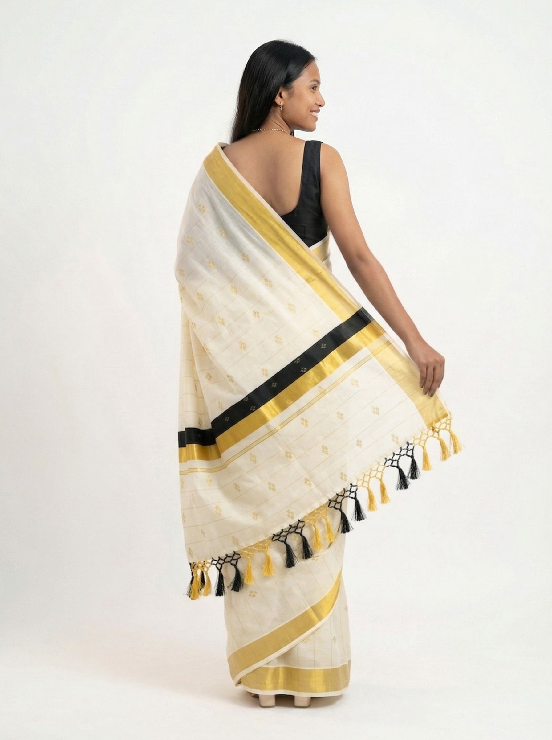 Cotton Kasavu Saree with Gold Border and Black Stripe Accent