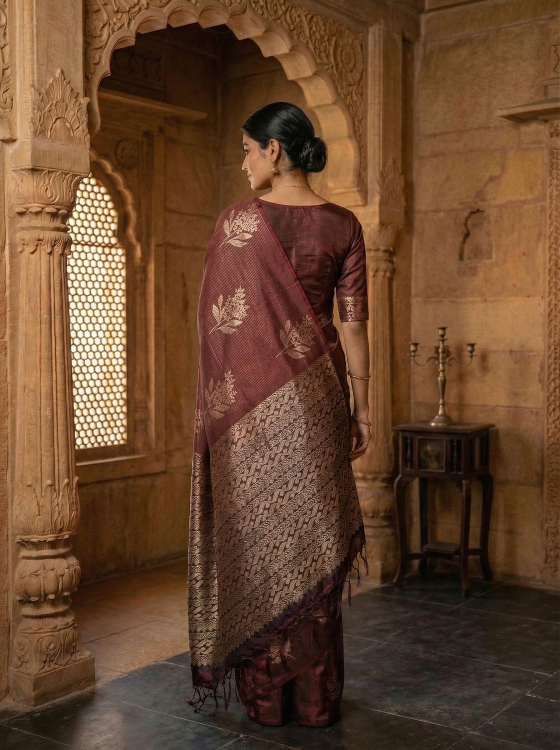Semi Silk Maroon Ethnic Saree with Luxurious Zari Floral Motif Detailing