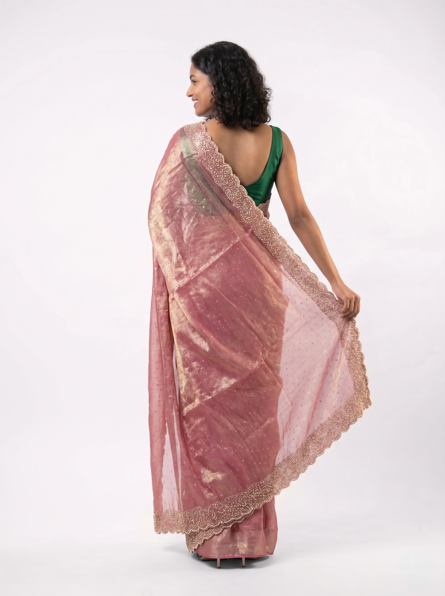 Organza Blush Pink Beads Work Scalloped Designer Saree