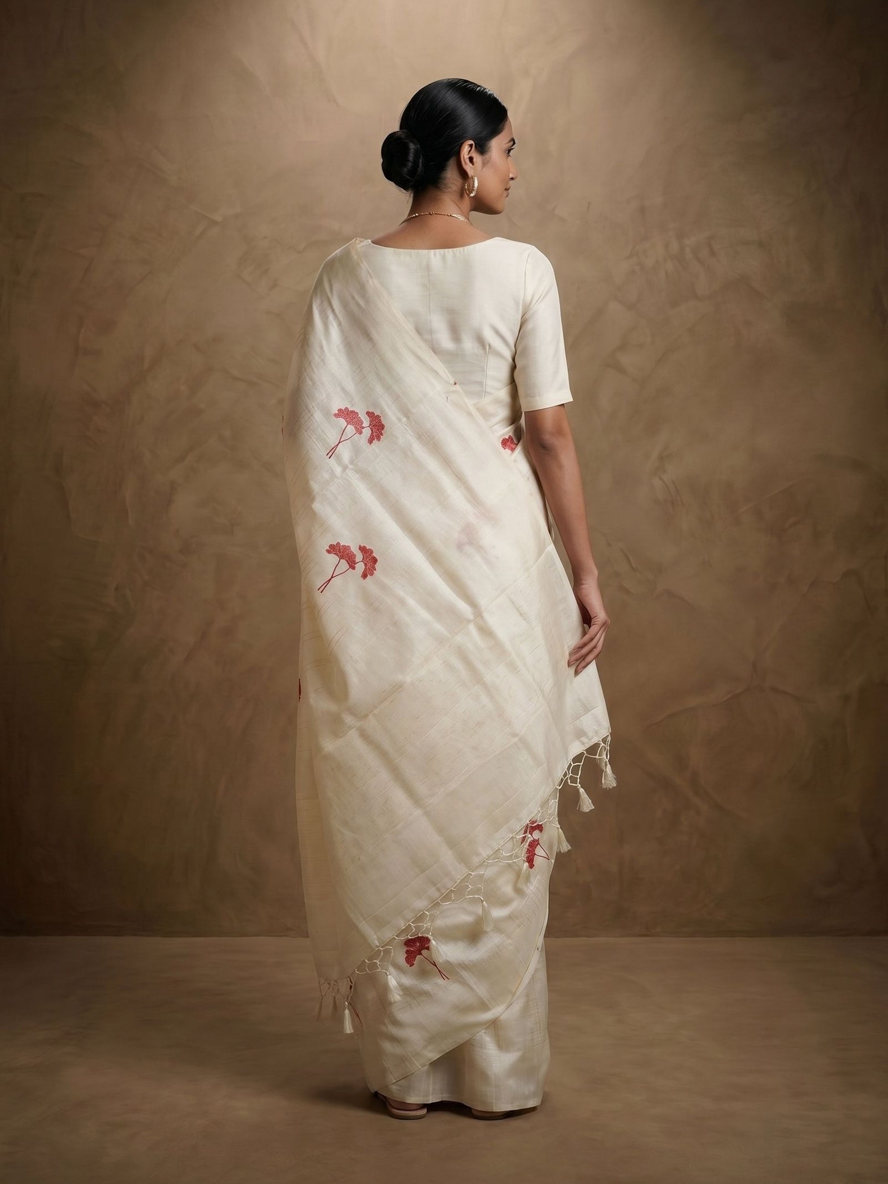 Semi Tussar Silk Off-White Saree with Red Floral Butti Embroidery & Self-Check Weave