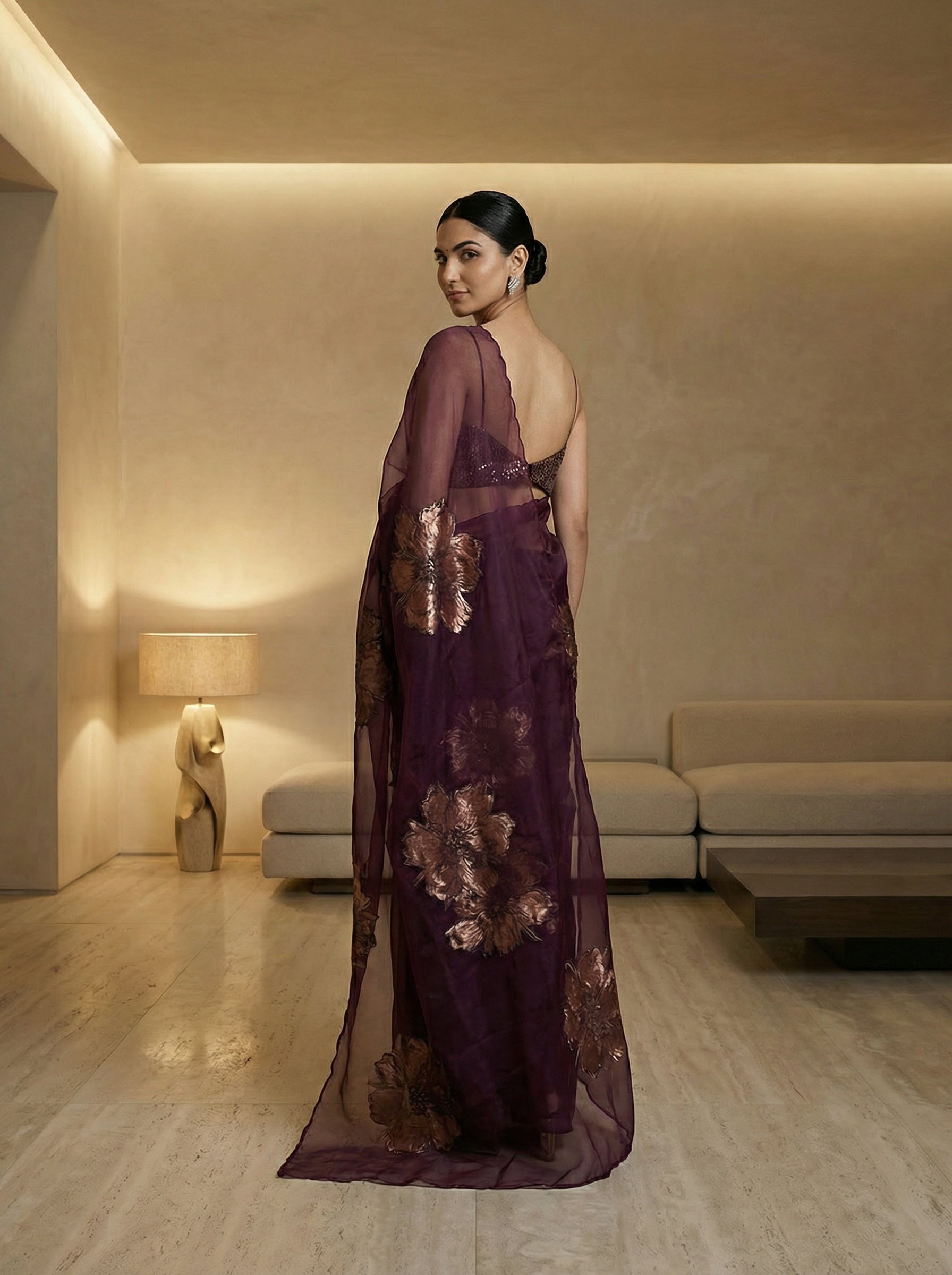 Organza Vioet Floral Motif Designer Saree