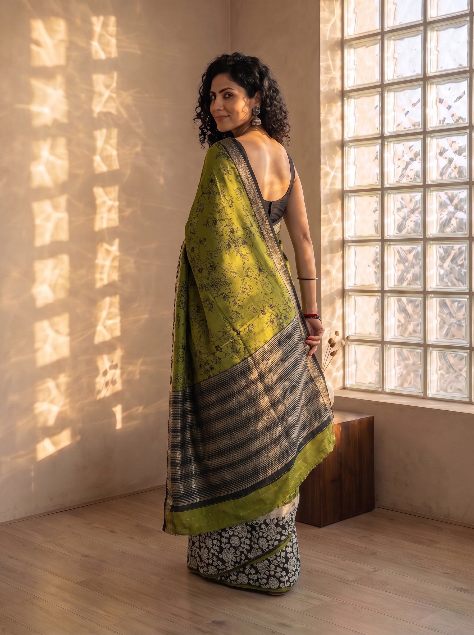 Linen Olive Green Saree with Black Floral Jaal Print and Contrast Kalamkari Border