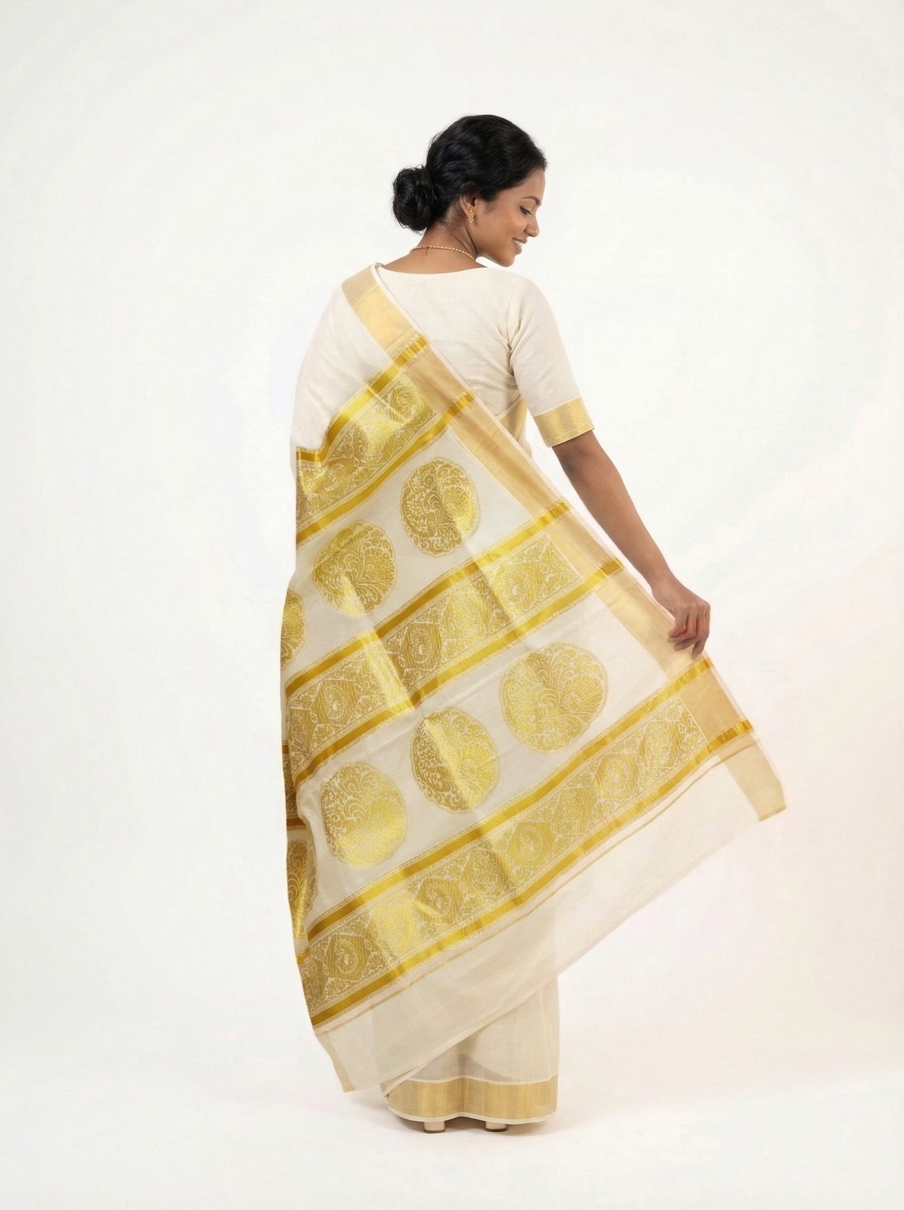 Cotton Cream Saree with Gold Butta and Traditional Border Set Saree