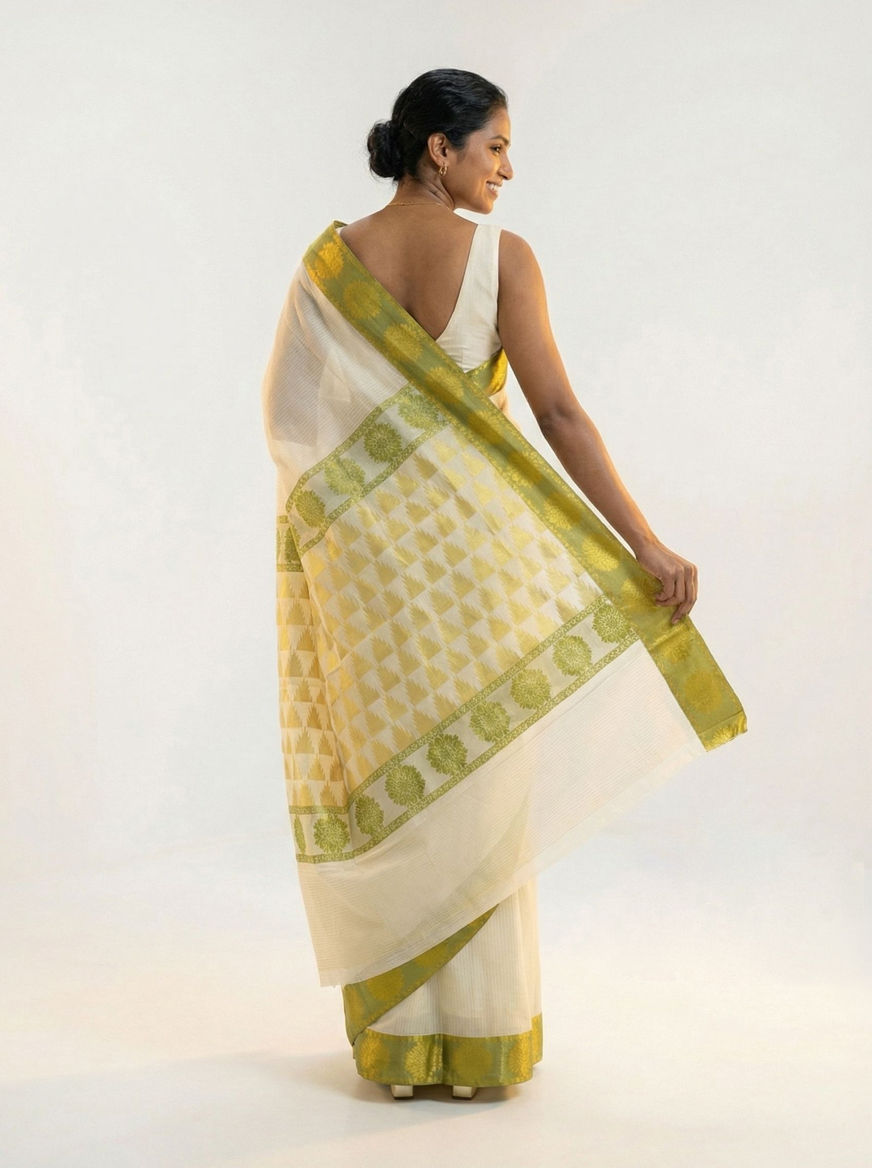 Cotton Off-White & Olive Green Gold  Woven Zari Floral Butta Border & Checkered Pallu Saree