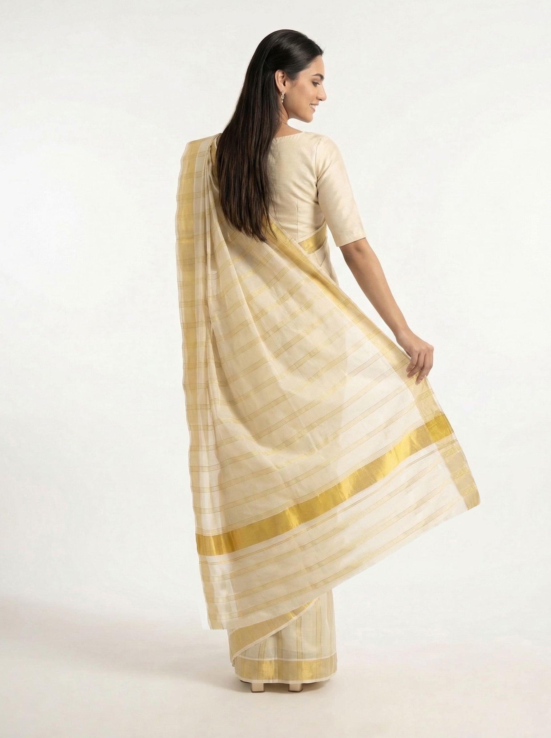 Cotton Cream Saree with Striped Pattern and Golden Border Set Saree