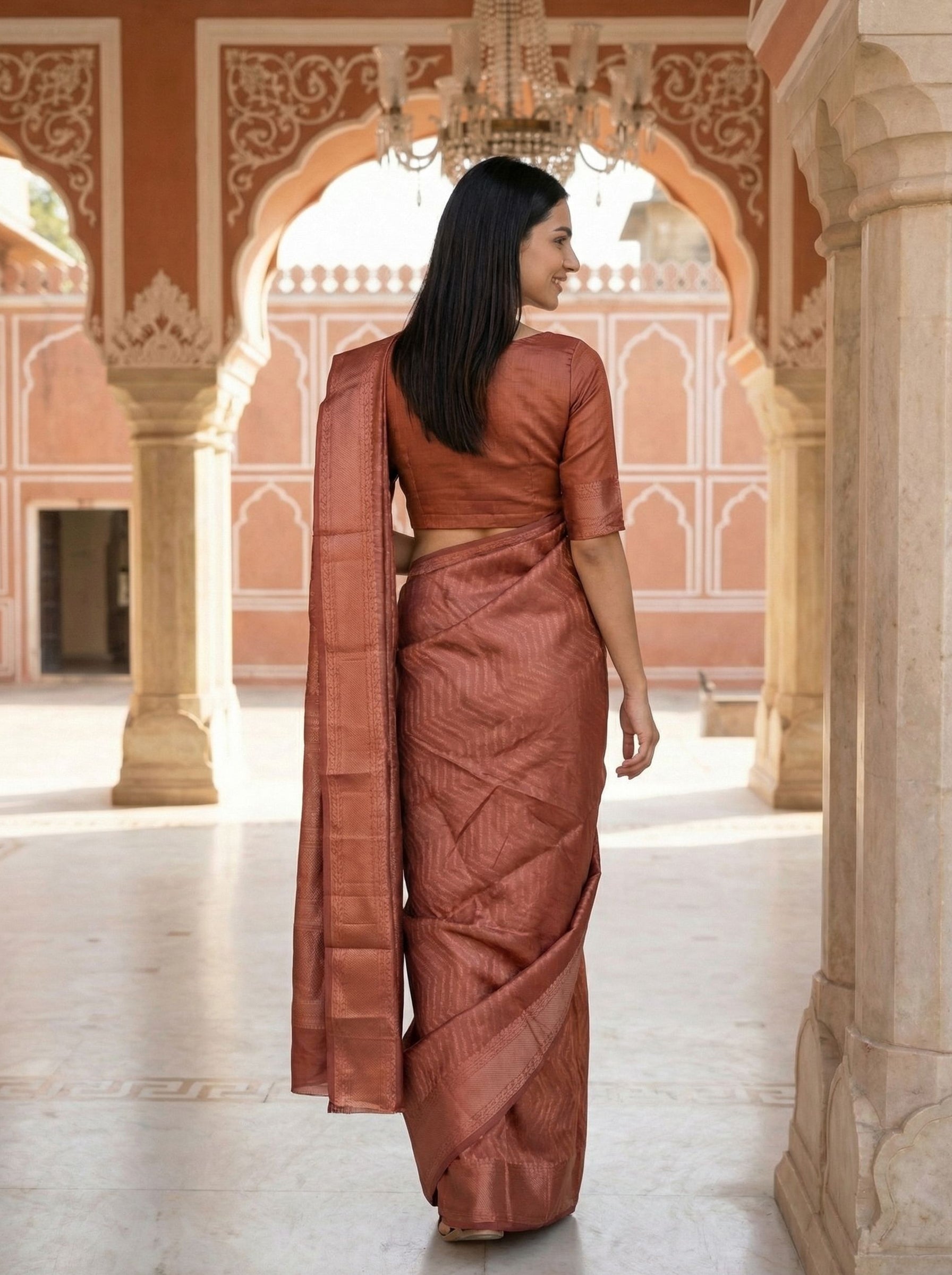 Semi Silk Rose Gold Geometric Woven Saree