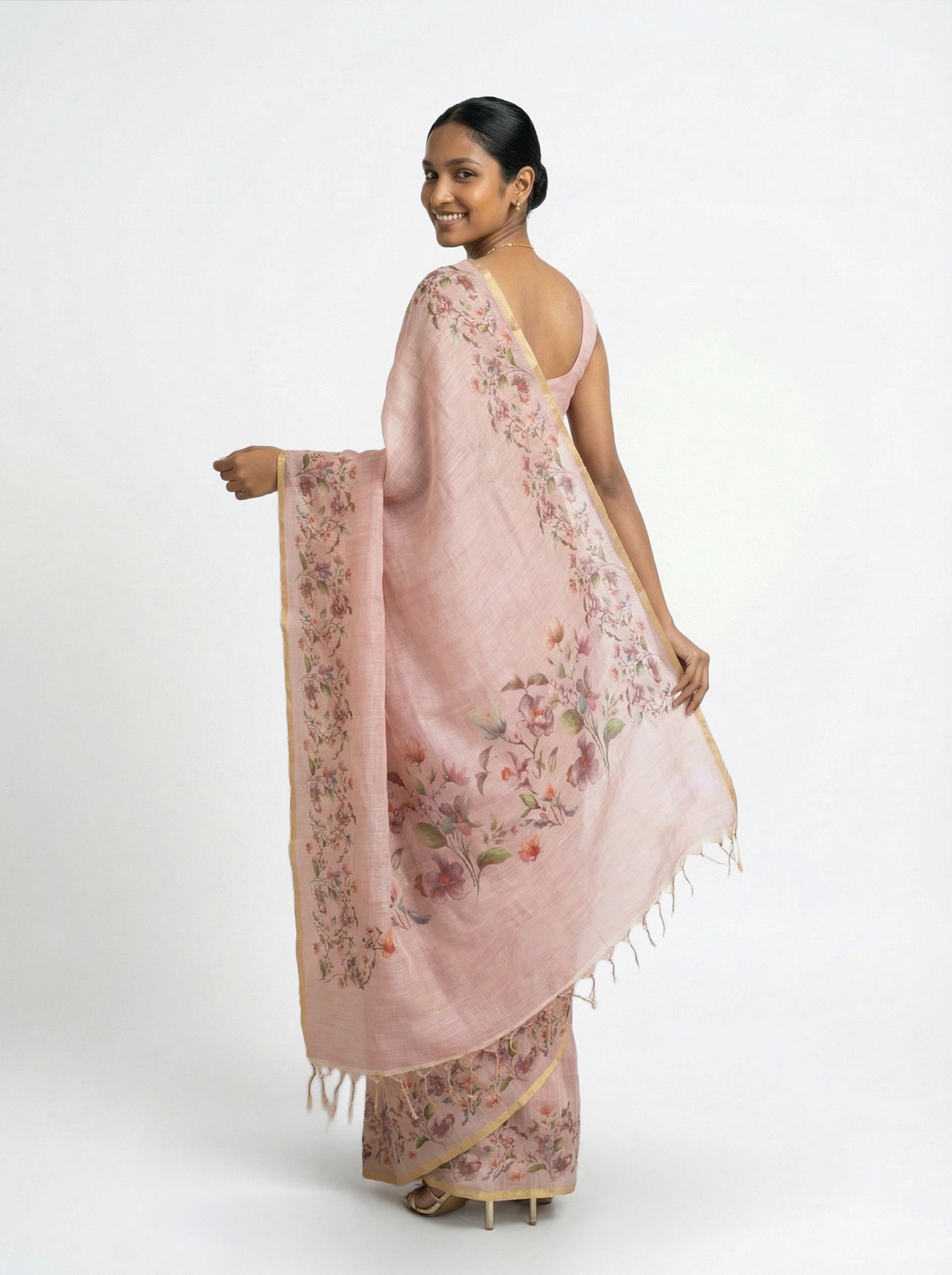 Linen Pink Floral Embroidered Saree
