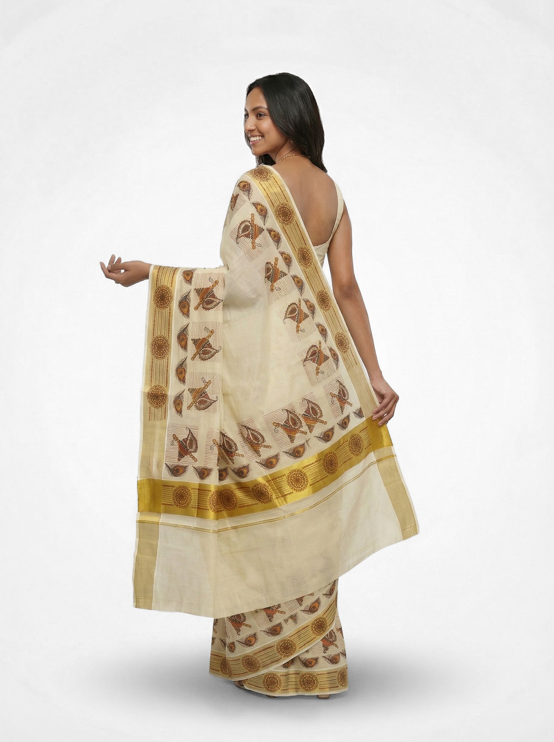 Cotton Kasavu Cream & Gold  Kathakali Dancer & Peacock Eye Mural Digital Print Saree