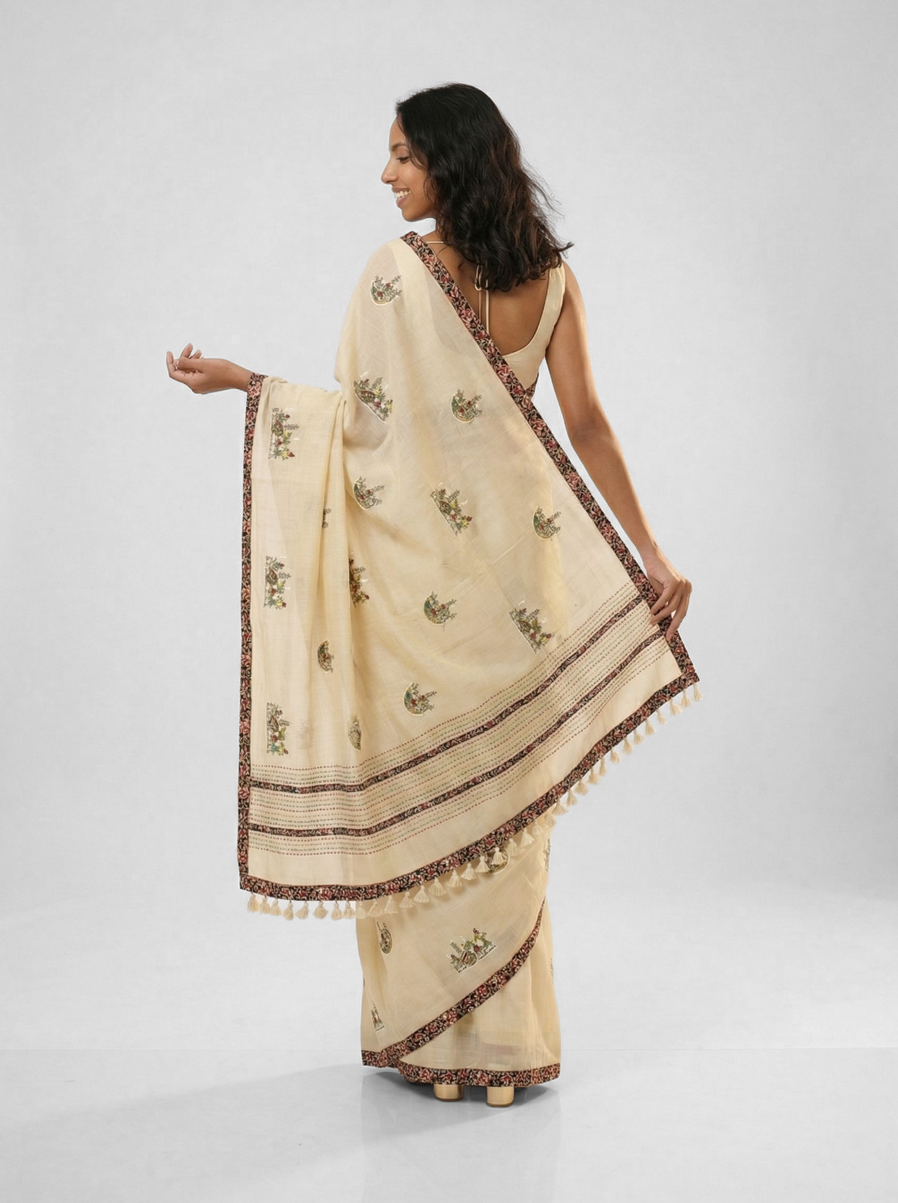Chanderi Cotton Cream & Multicolor Floral Motif Pattern Saree