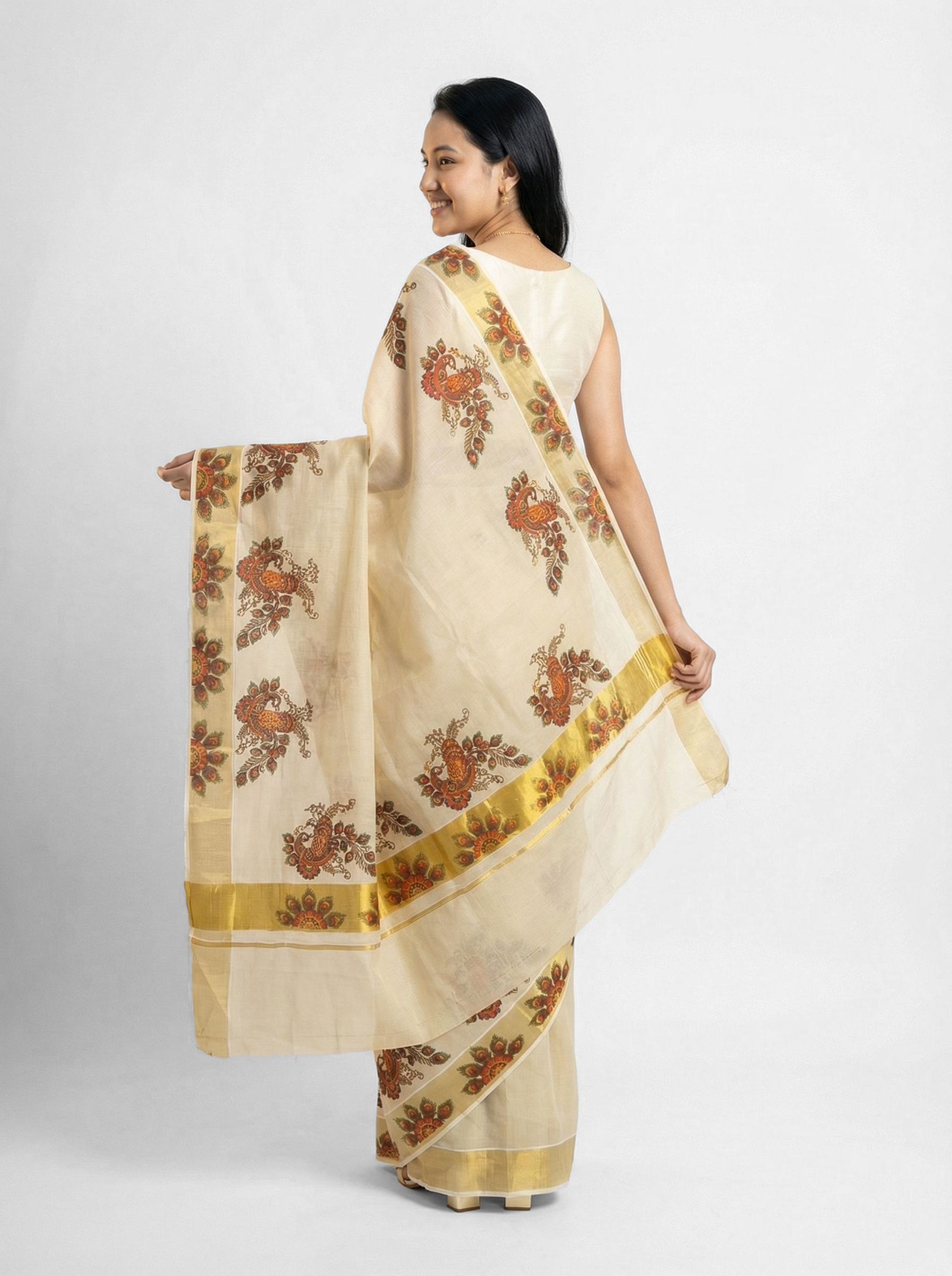 Cotton Kasavu Saree Cream & Gold  Peacock Mural Digital Print Traditional Saree with Gold Zari Border