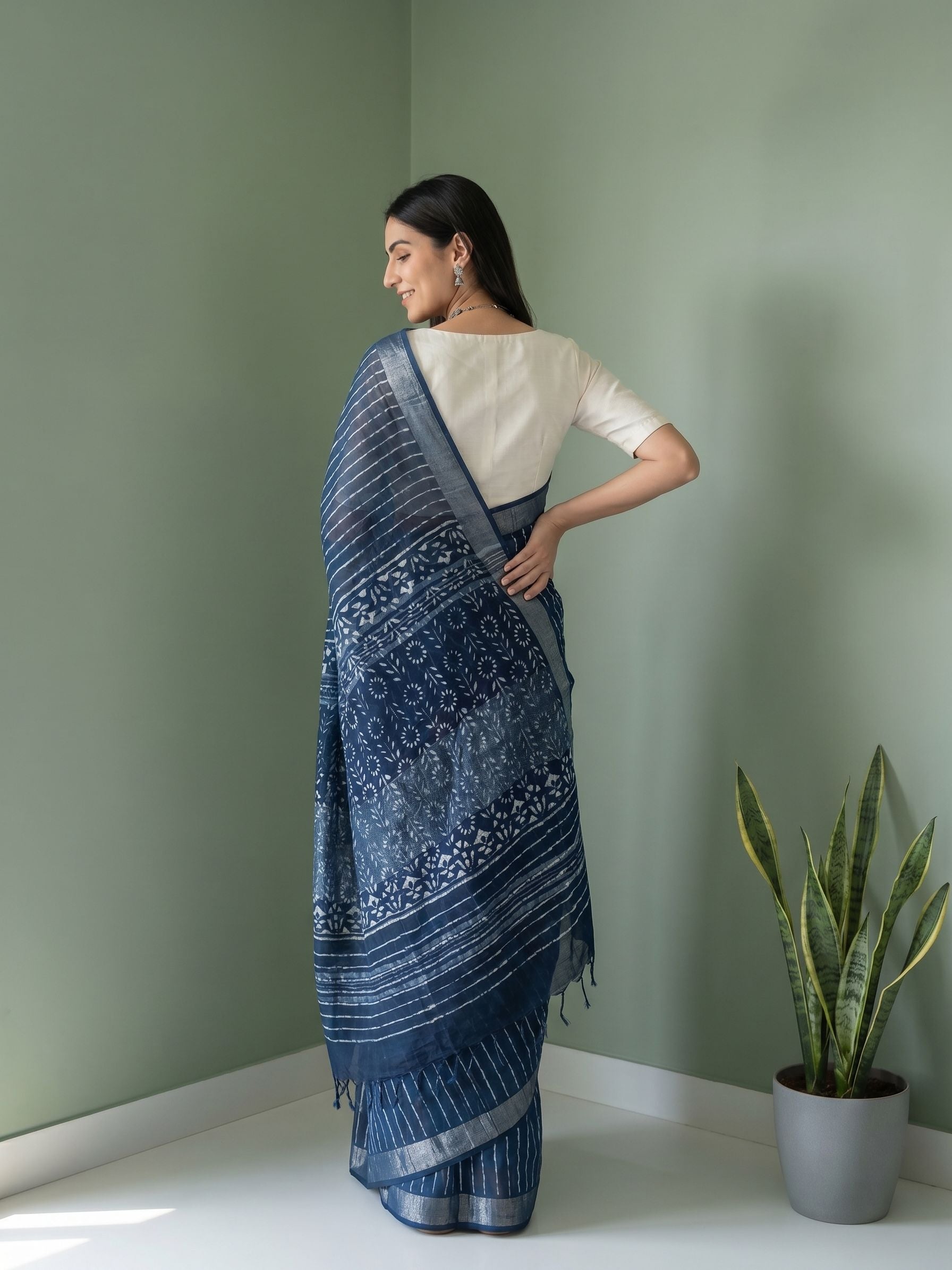 Linen Indigo Blue Striped Batik Printed Saree with Zari Border