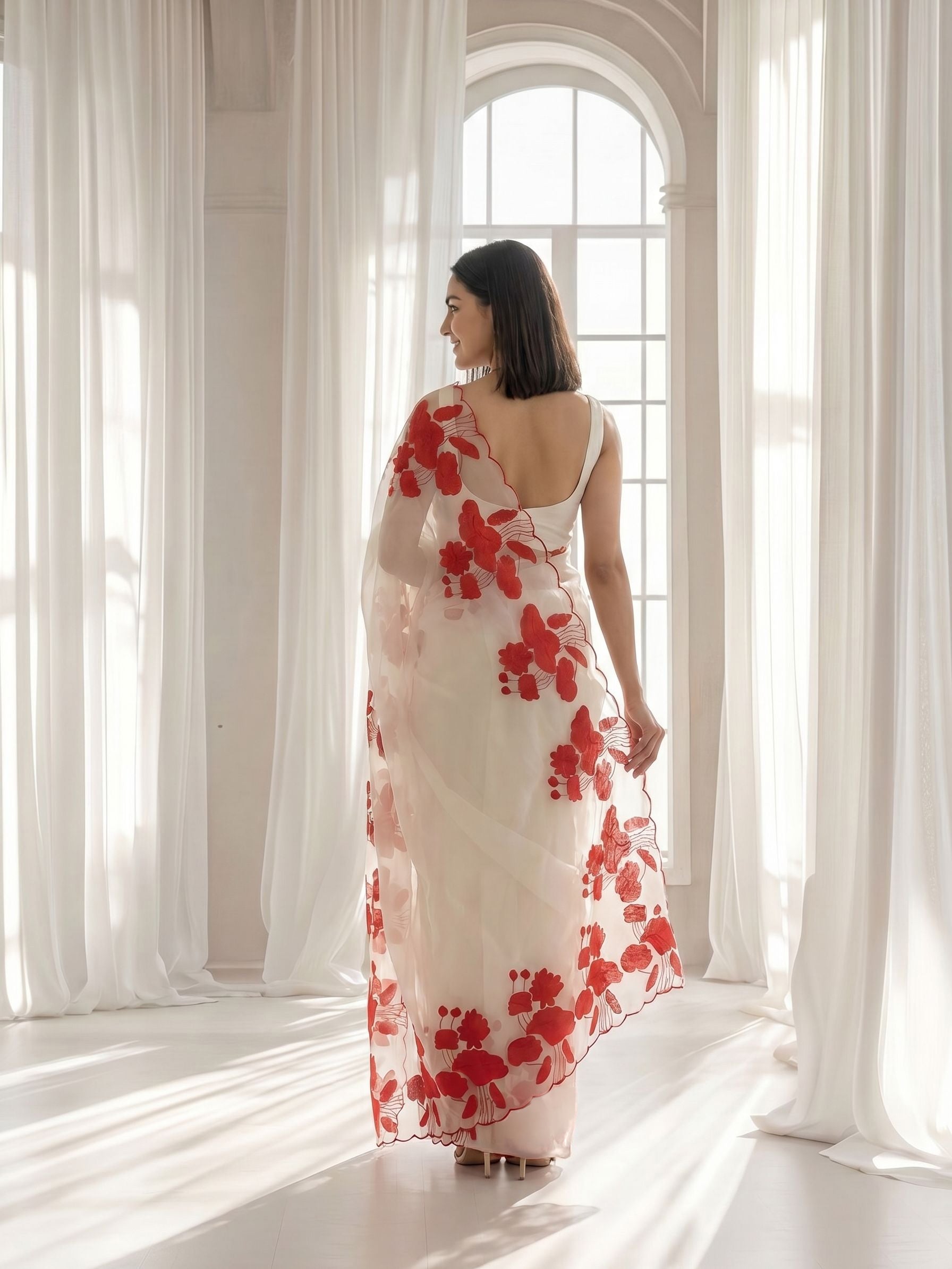 Organza Silk Off-White & Red Lotus Floral Applique Saree with Scalloped Border