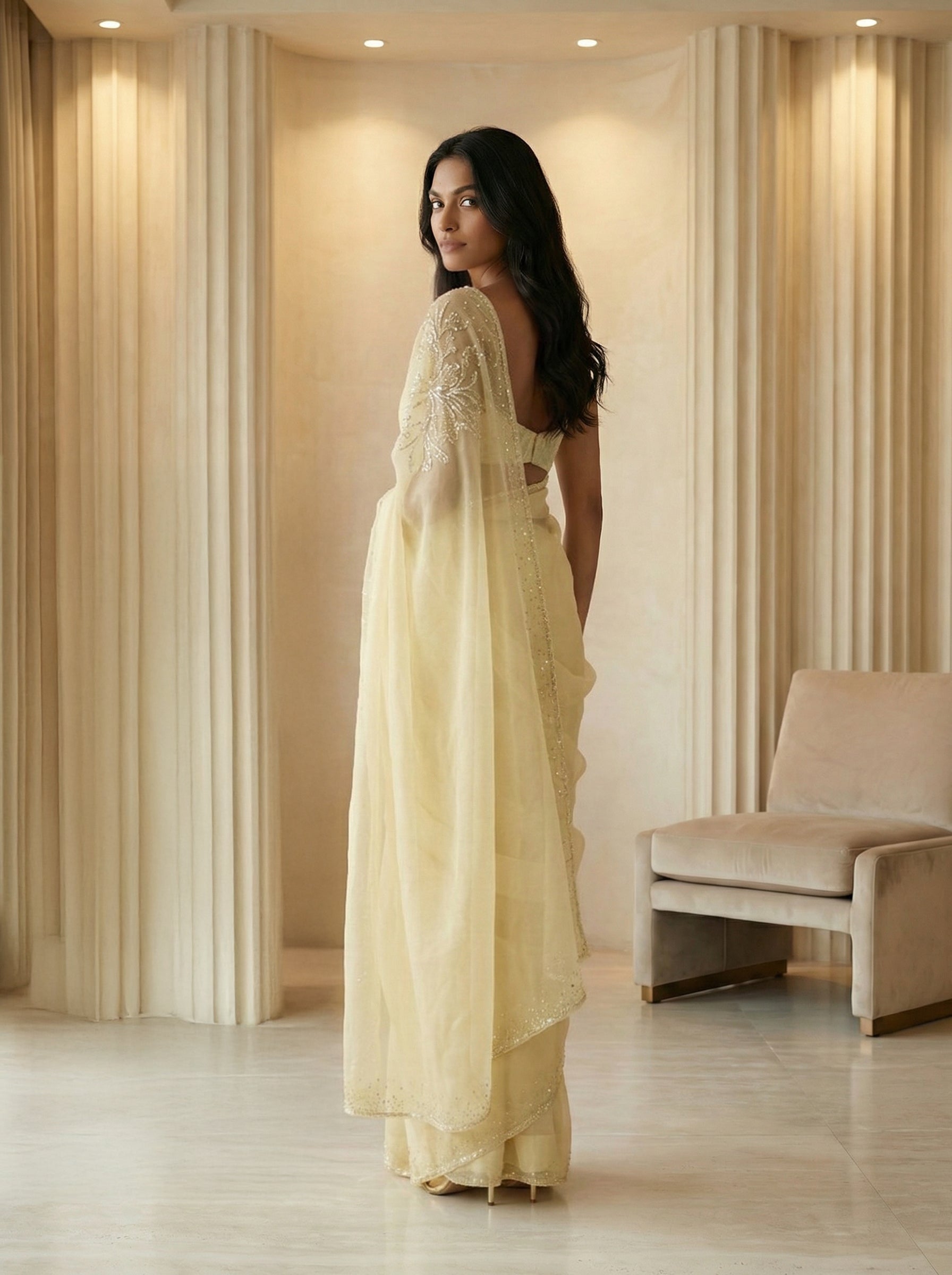 Organza Pastel Yellow Floral Pattern Designer Saree