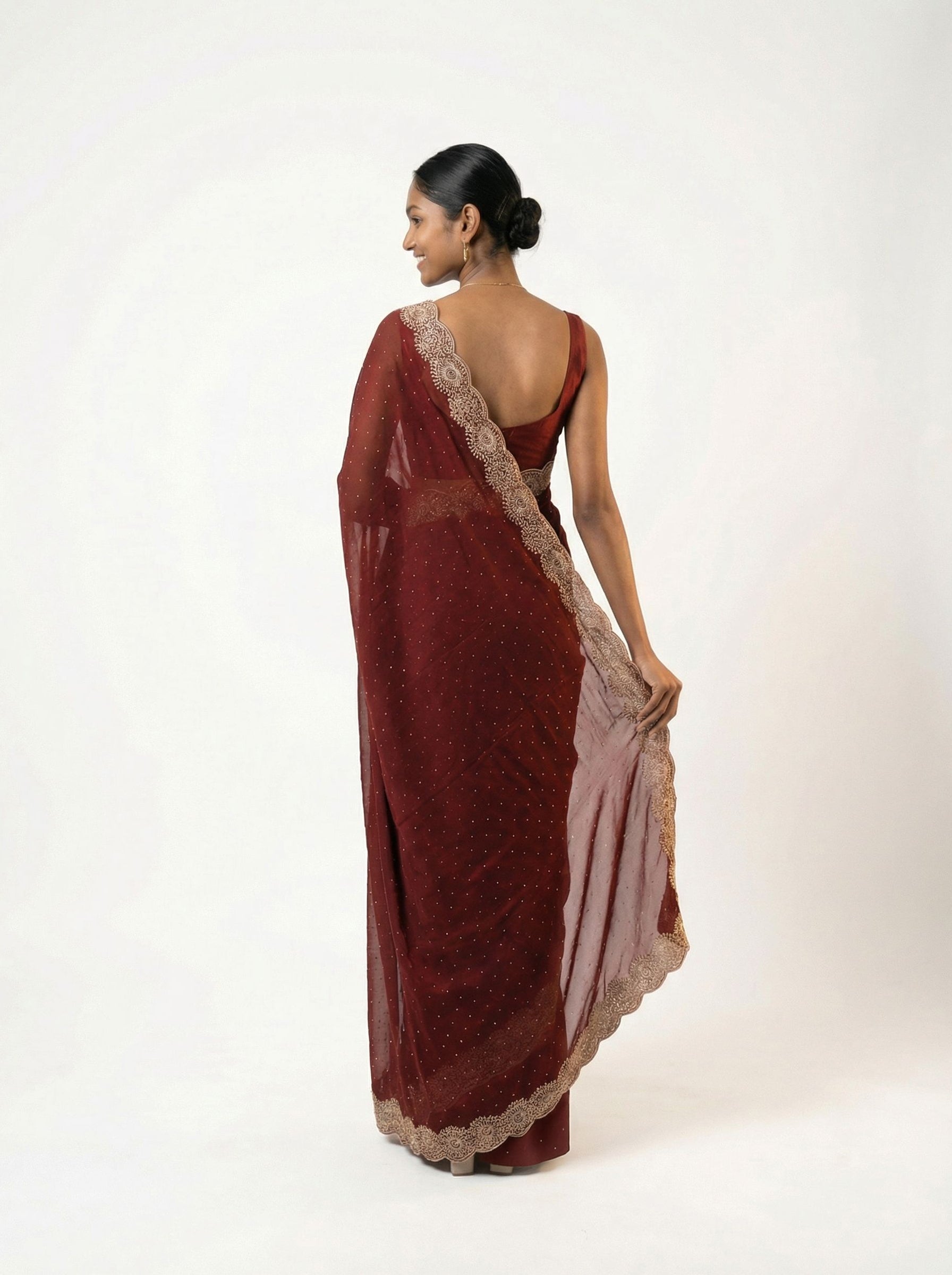Shimmer Organza Brick Brown Plain Designer Saree with Micro Dot Work and Heavy Embroidered Border