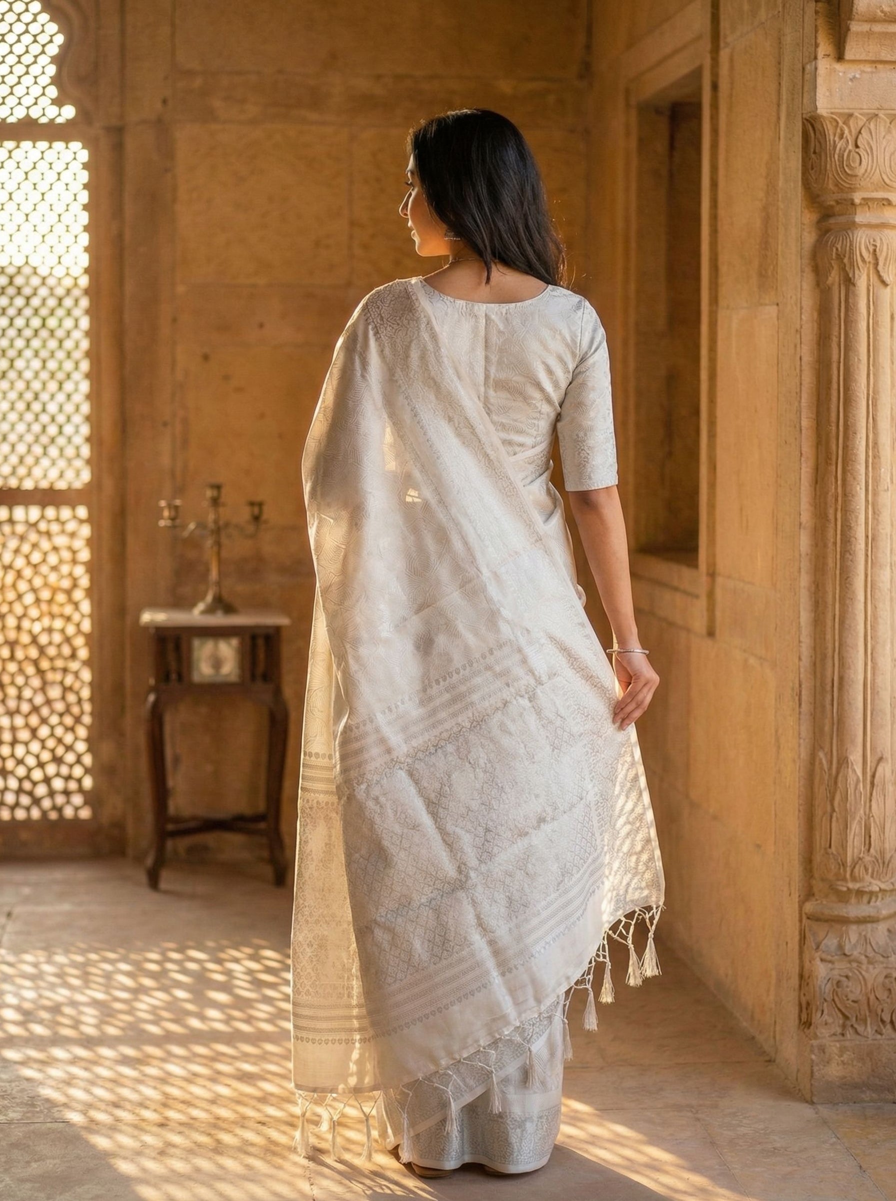 Semi Silk Premium Ivory White Saree with Traditional Jacquard Border Work