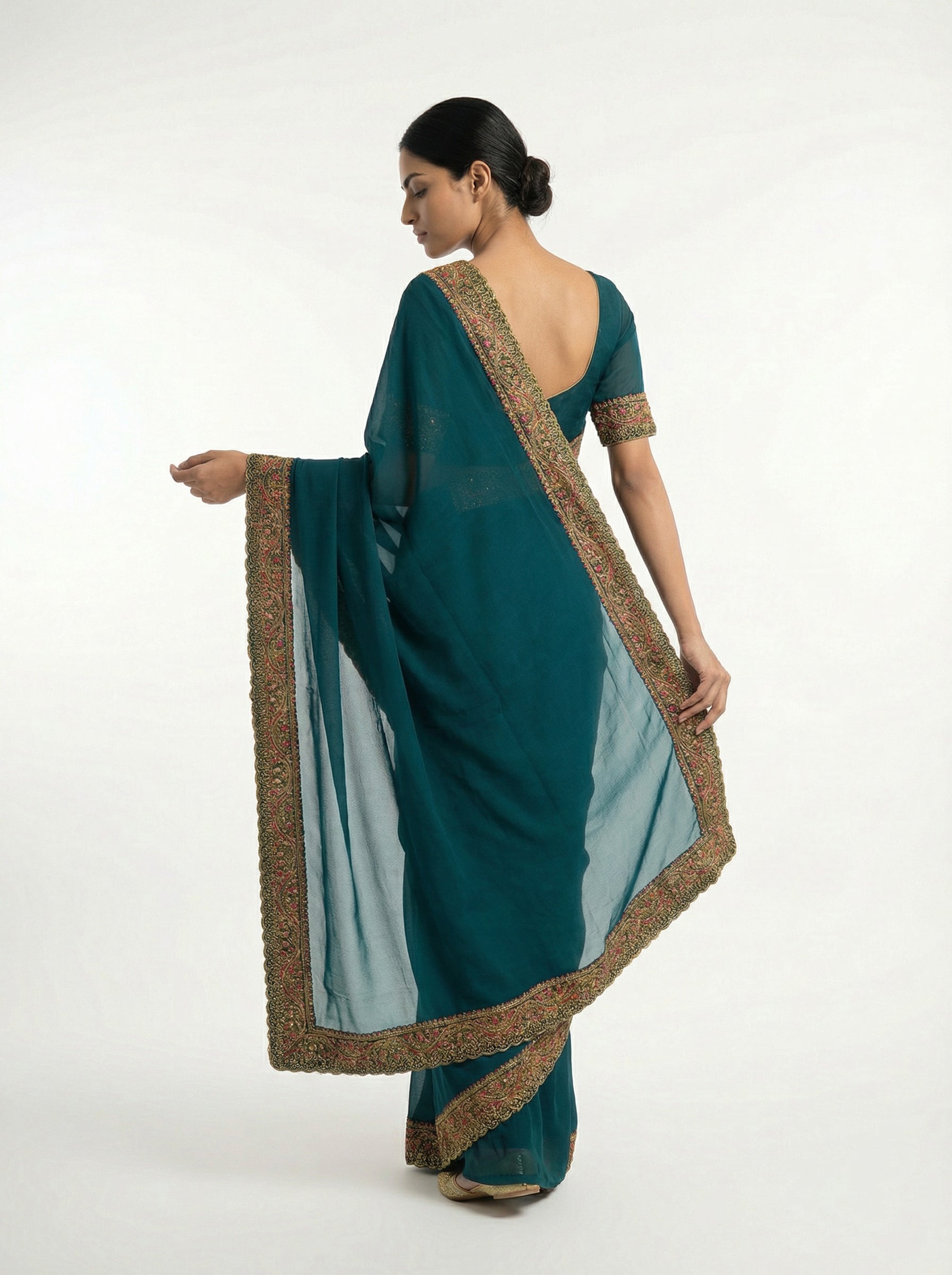 Georgette Peacock Blue Saree with Multicolor Embroidered Border