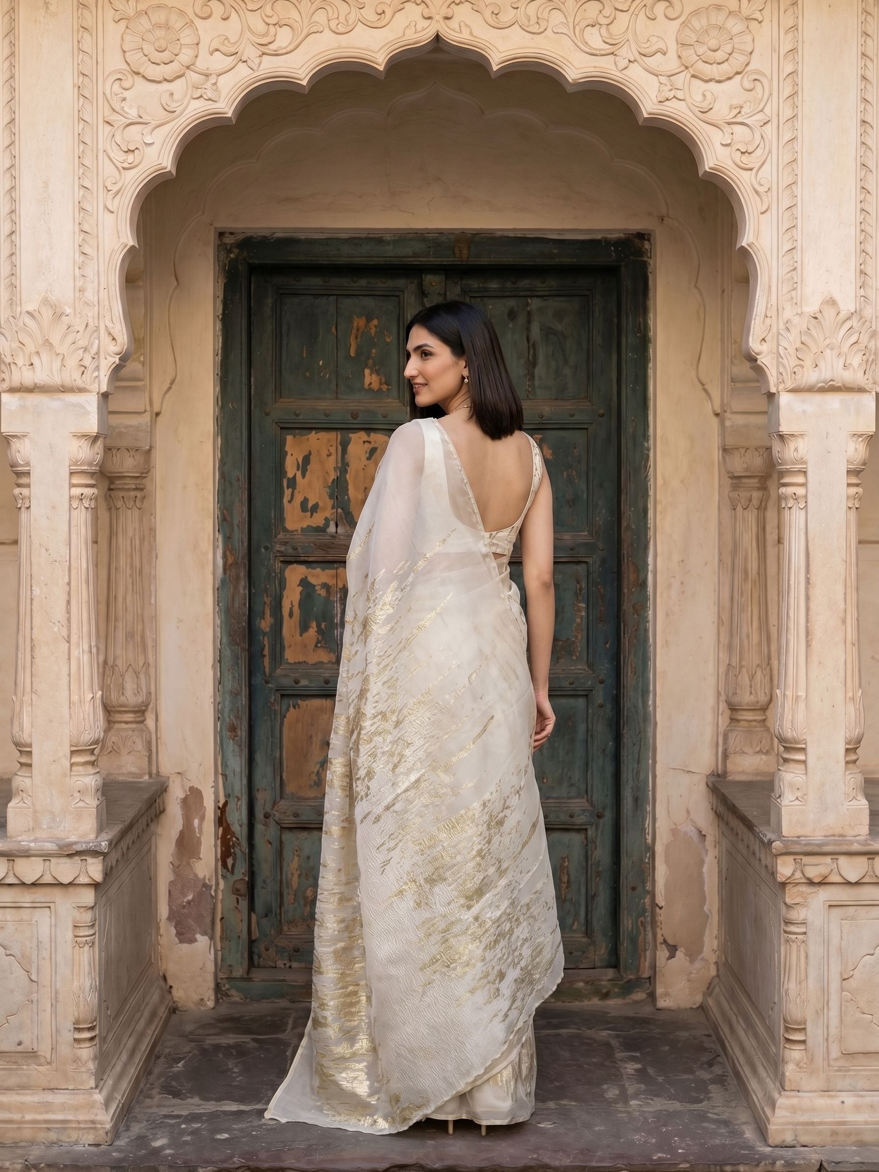 Turkish Organza Off White  Saree with Metallic Gold Texture Design and Luxury Finish