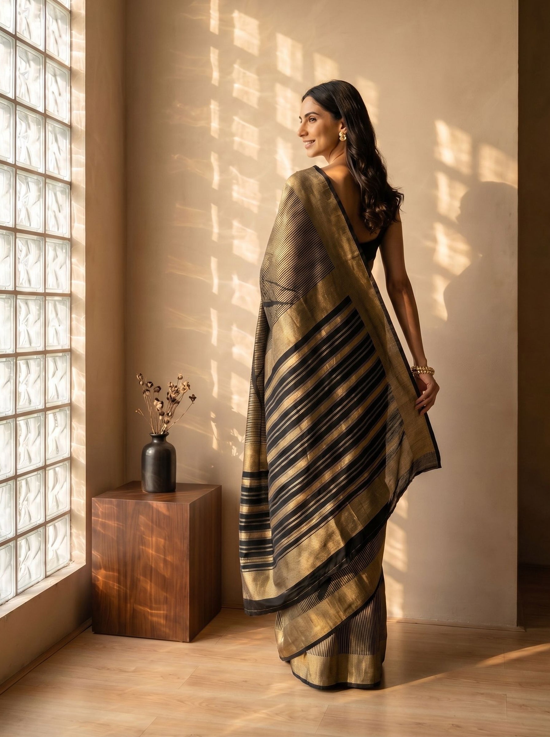 Tussar Silk Black and Gold Abstract Line Pattern Saree