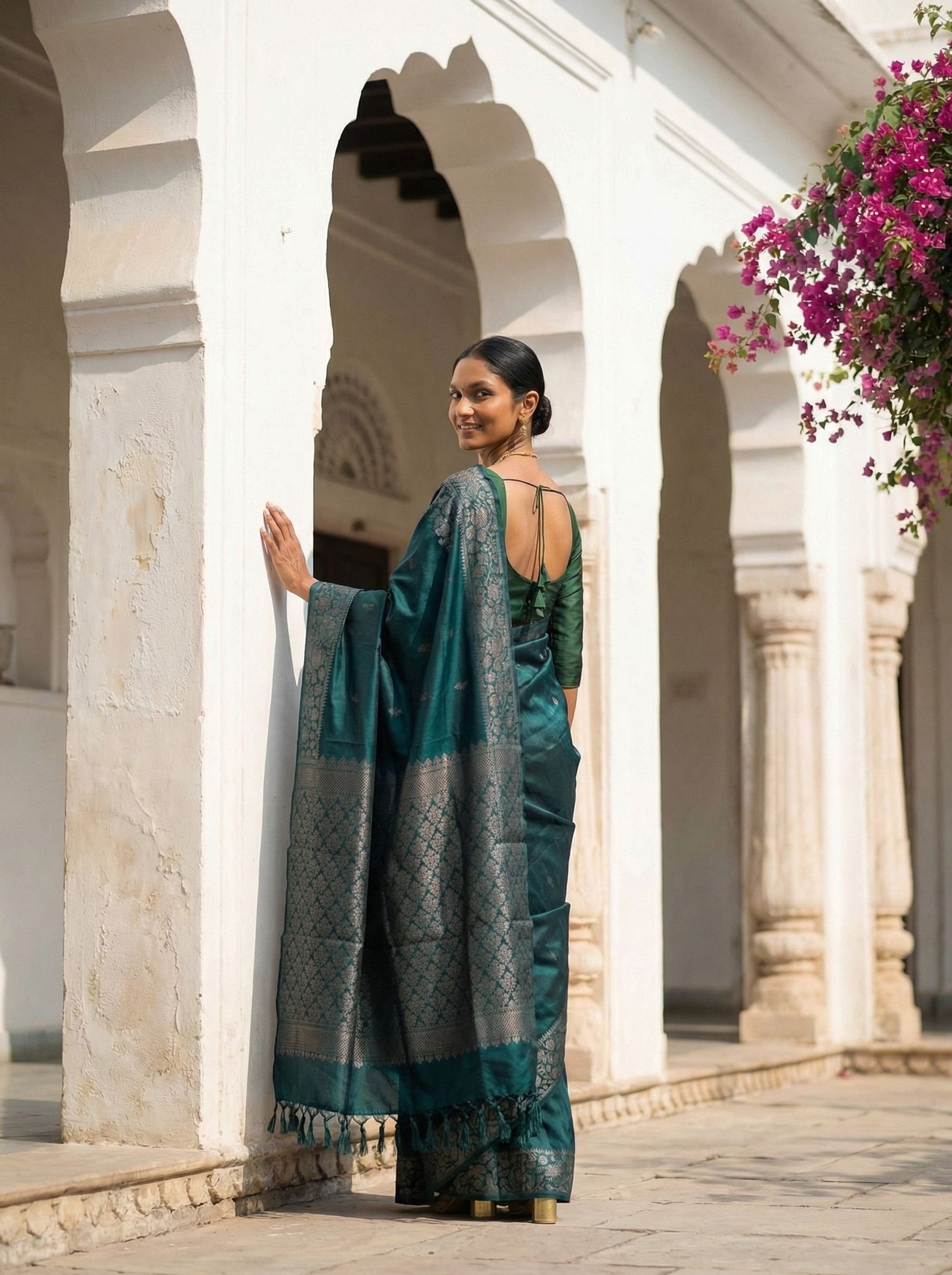 Kanjivaram Pure Silk Dark Green Floral Zari Saree