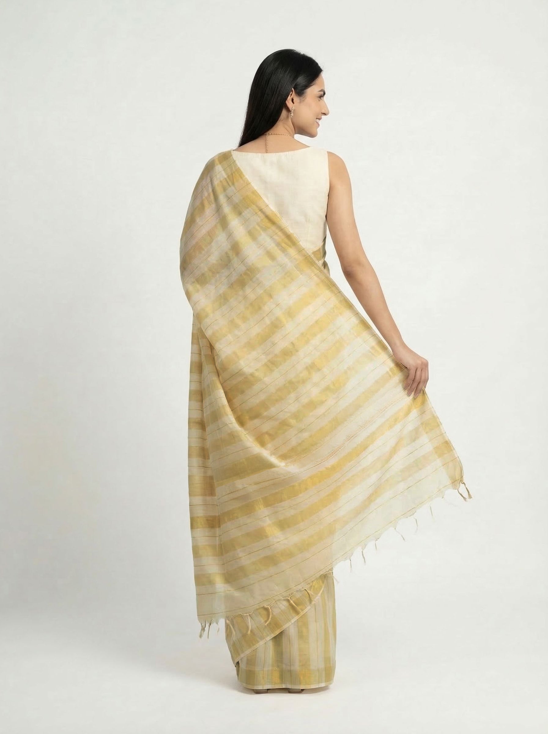 Cotton Silk Cream with Gold Checked Pattern Traditional Set Saree