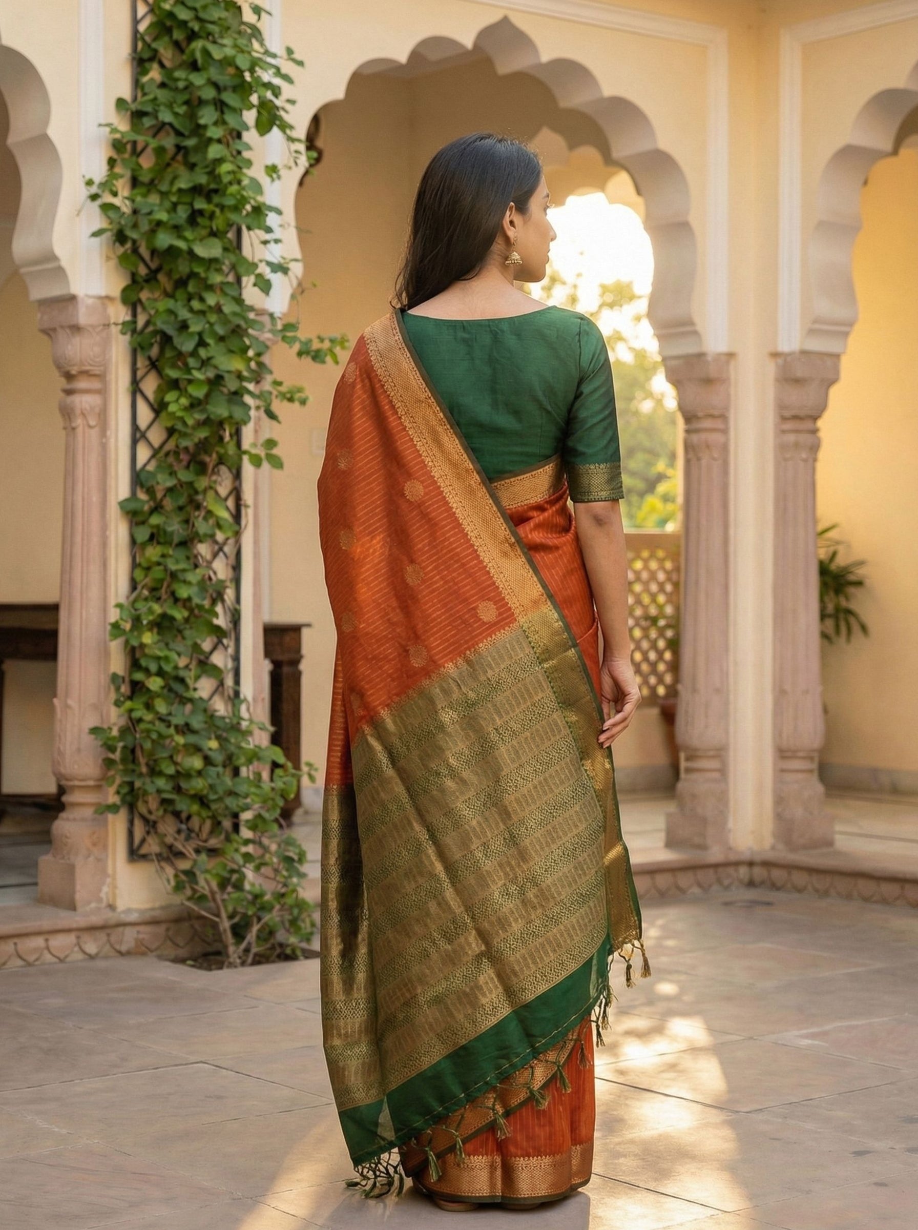 Semi Silk Orange Traditional Saree with Fine Striped Weaving Pattern