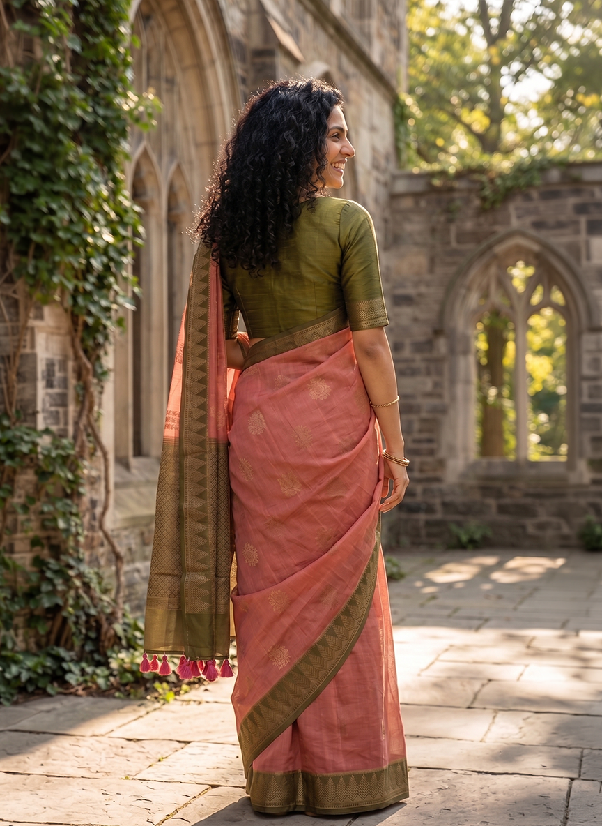 Semi Tussar Peach Pink Gold Zari Butta Saree