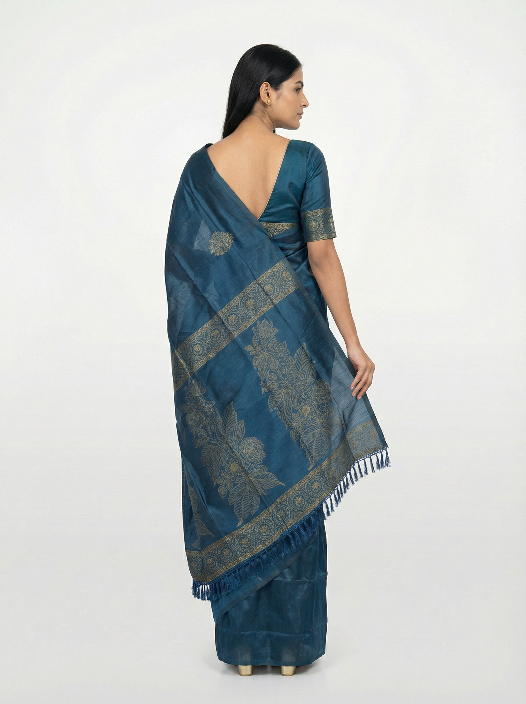 Semi Silk Peacock Blue Saree for Women with Gapped Butta Pattern