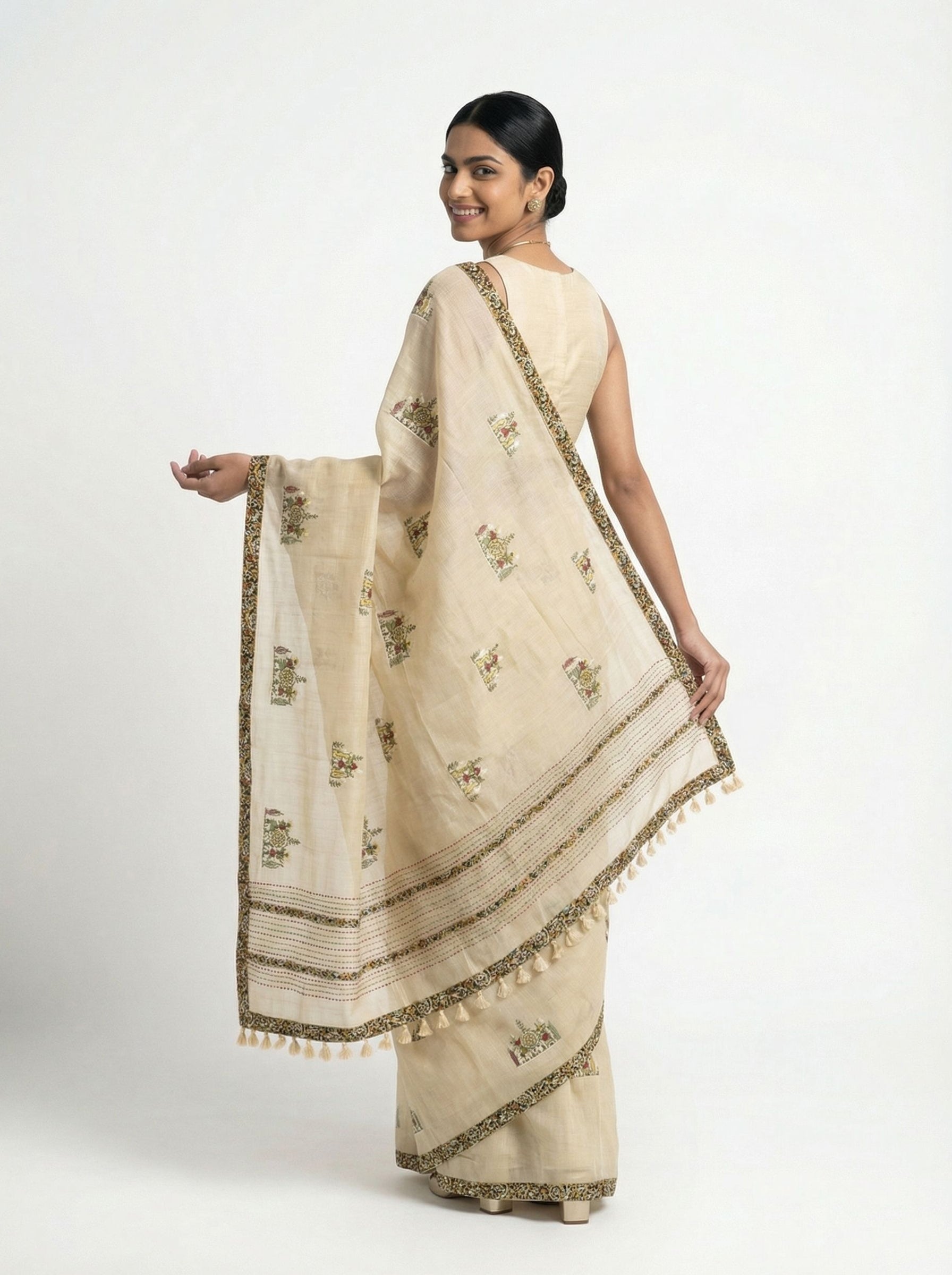 Chanderi Cotton Off White & Multicolor Floral Motif Pattern Saree