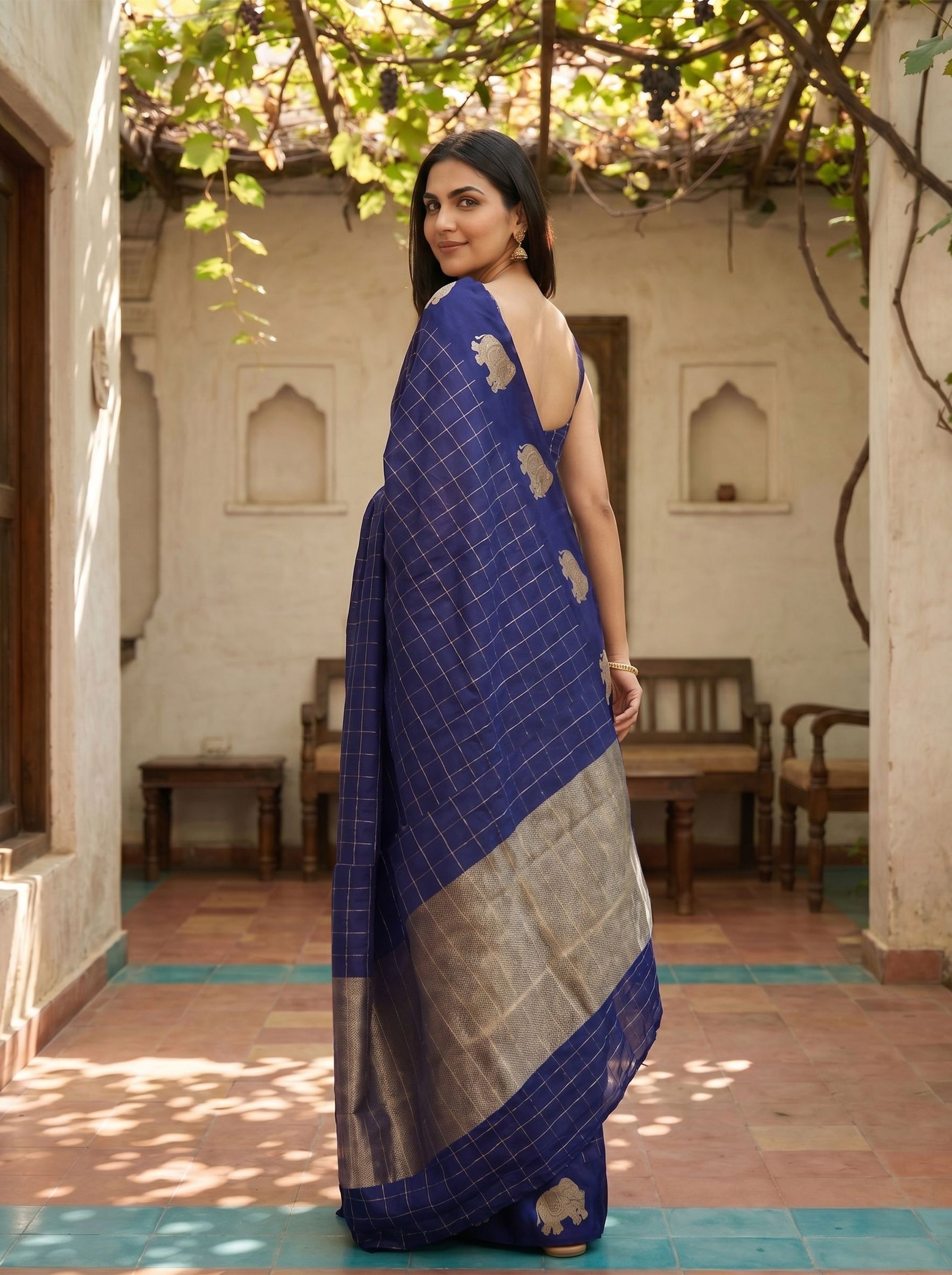 Kanjivaram Pure Silk Royal Blue Zari Checks and Elephant Motif Saree