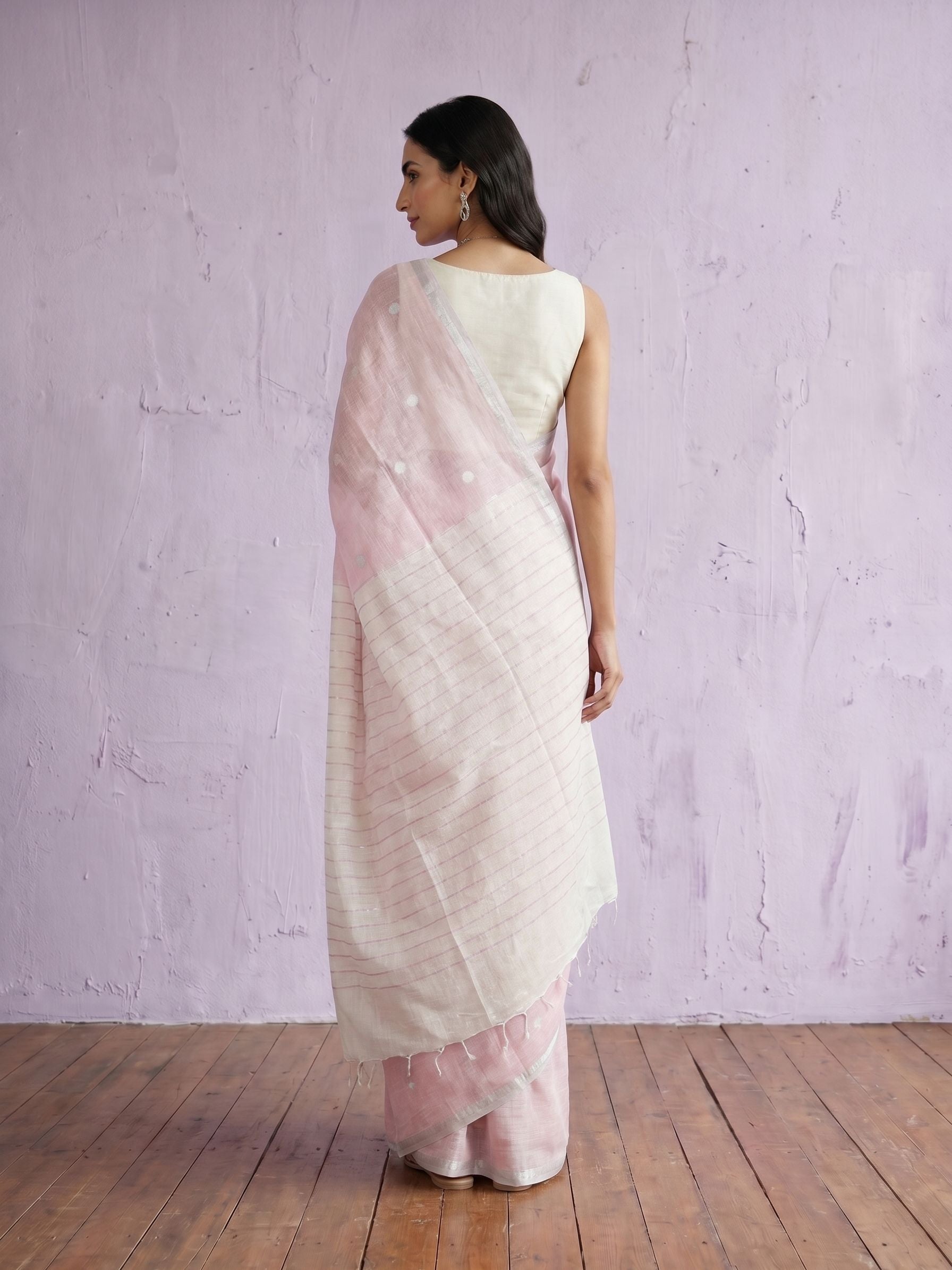 Semi  Linen Baby Pink Polka Dot Jacquard Saree with Off-White Striped Pallu Border