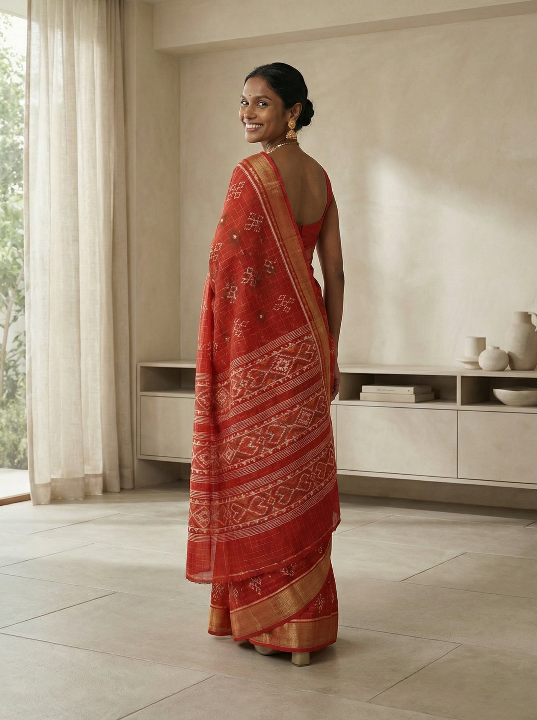 Synthetic Red Saree with Traditional Ikat Motifs and Zari Border