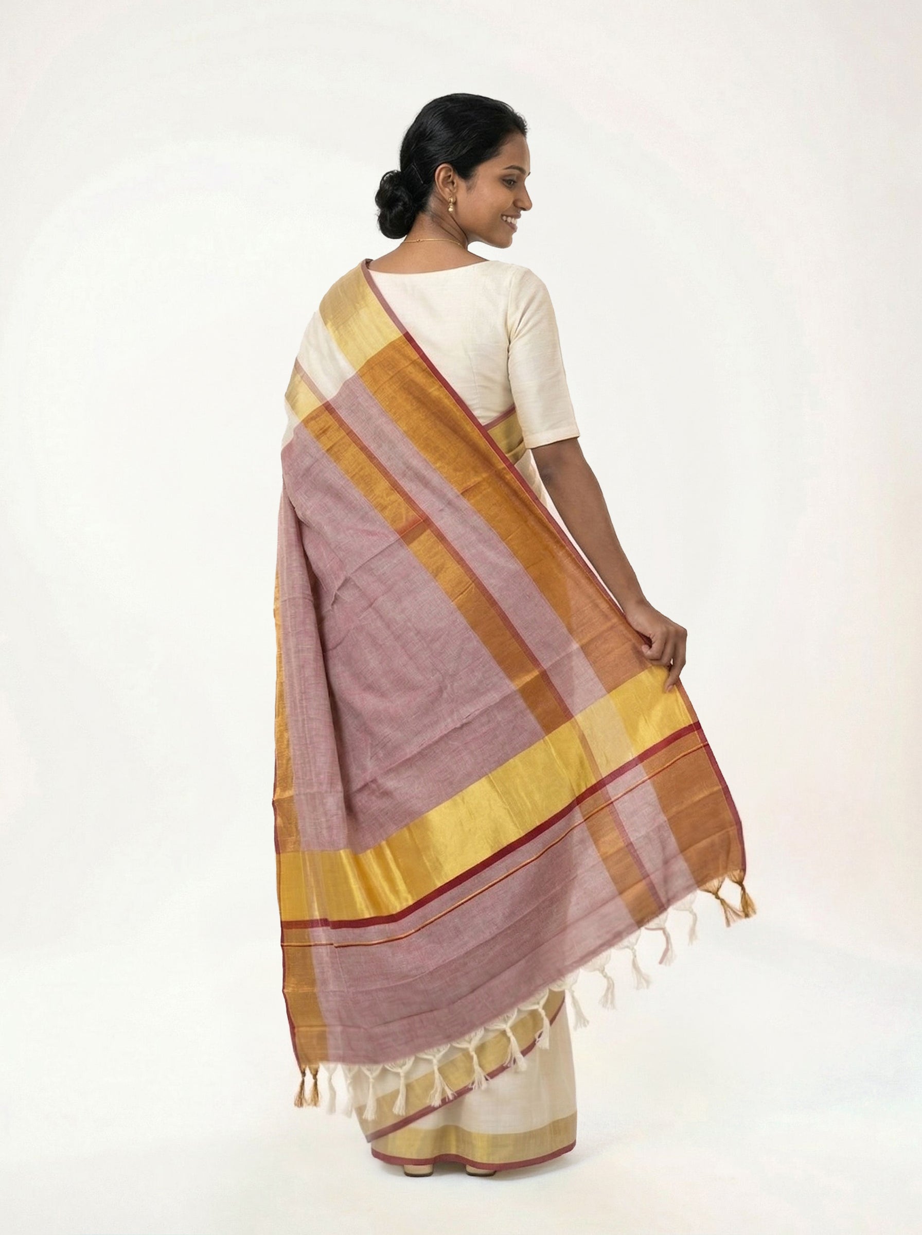 Cotton Kasavu Saree with Rose Pink Pallu and Gold Border