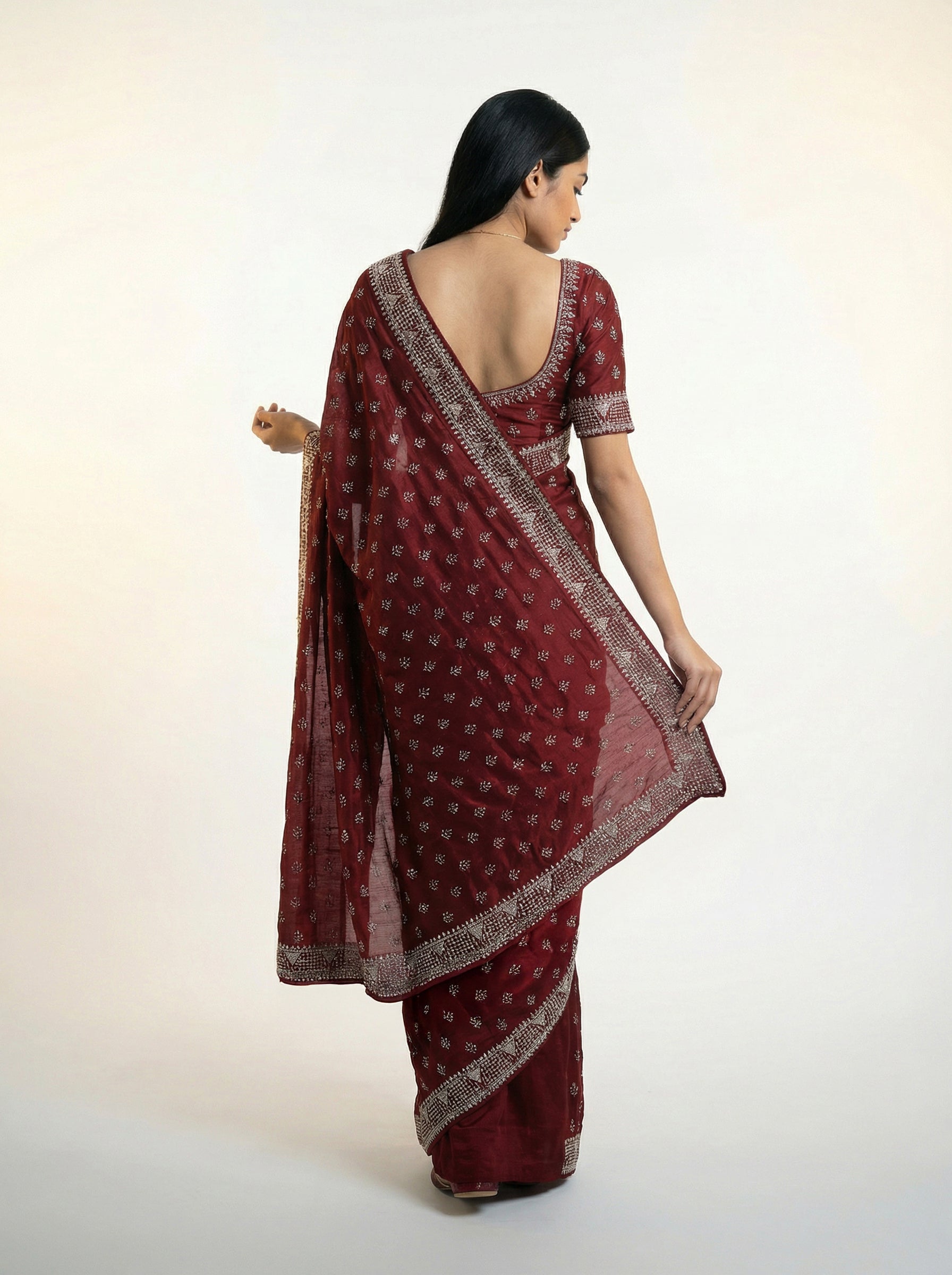 Vijithra Silk Deep Maroon All Over Stone Work Designer Saree