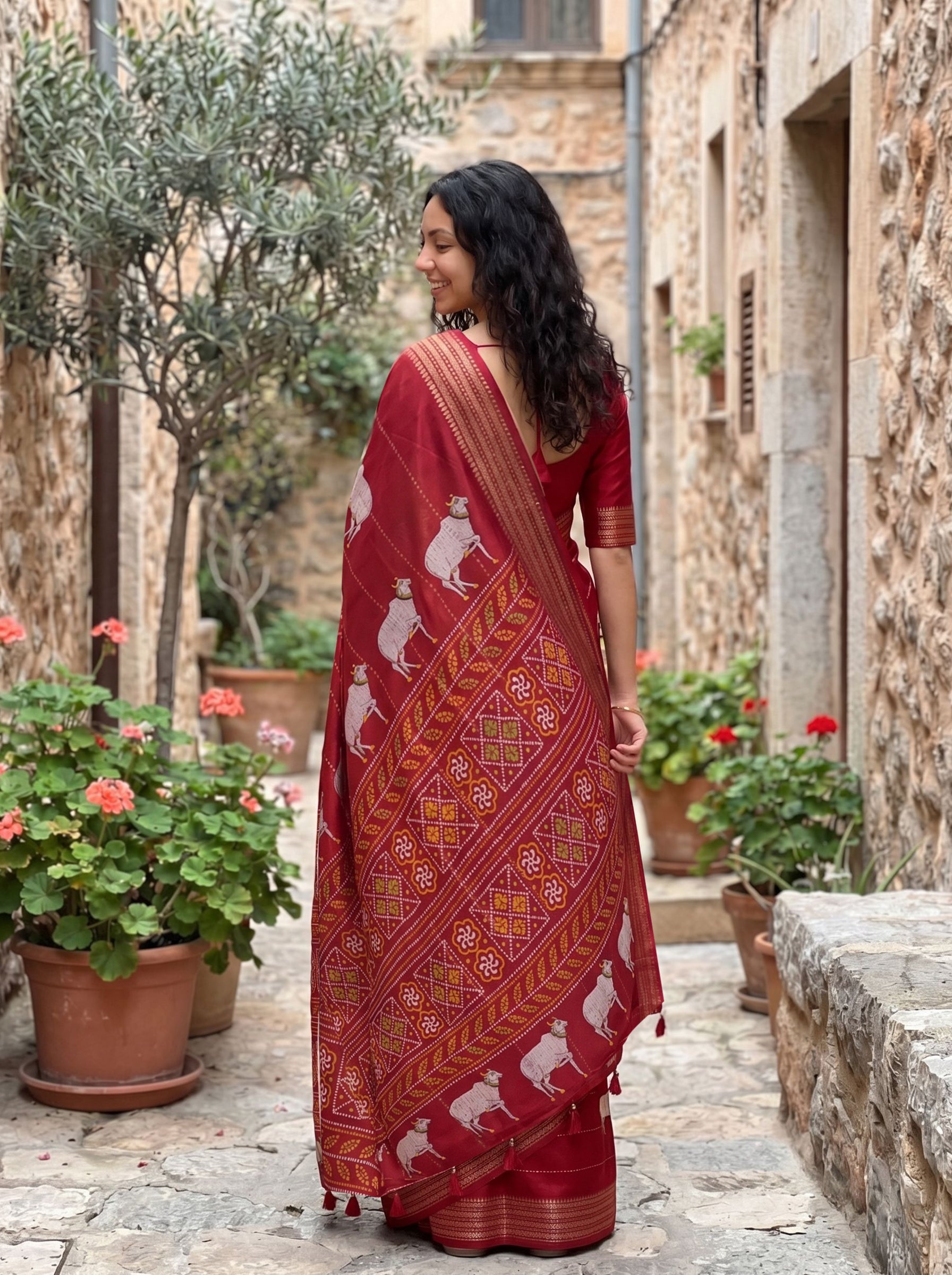 Semi Tussar Crimson Red Pichwai Cow Print Saree with Zari Border