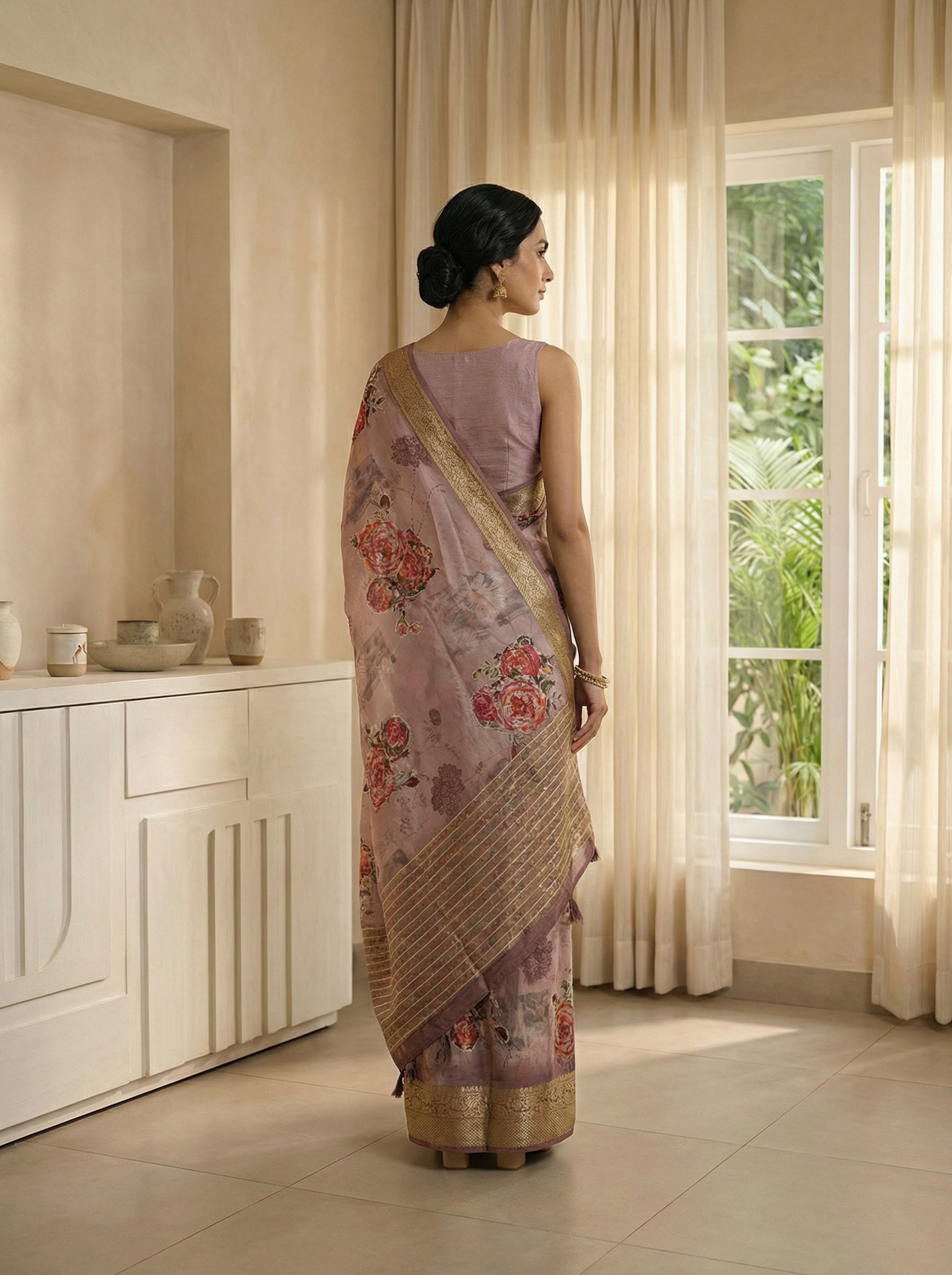Modal Mushroom Brown Rose Motif Saree