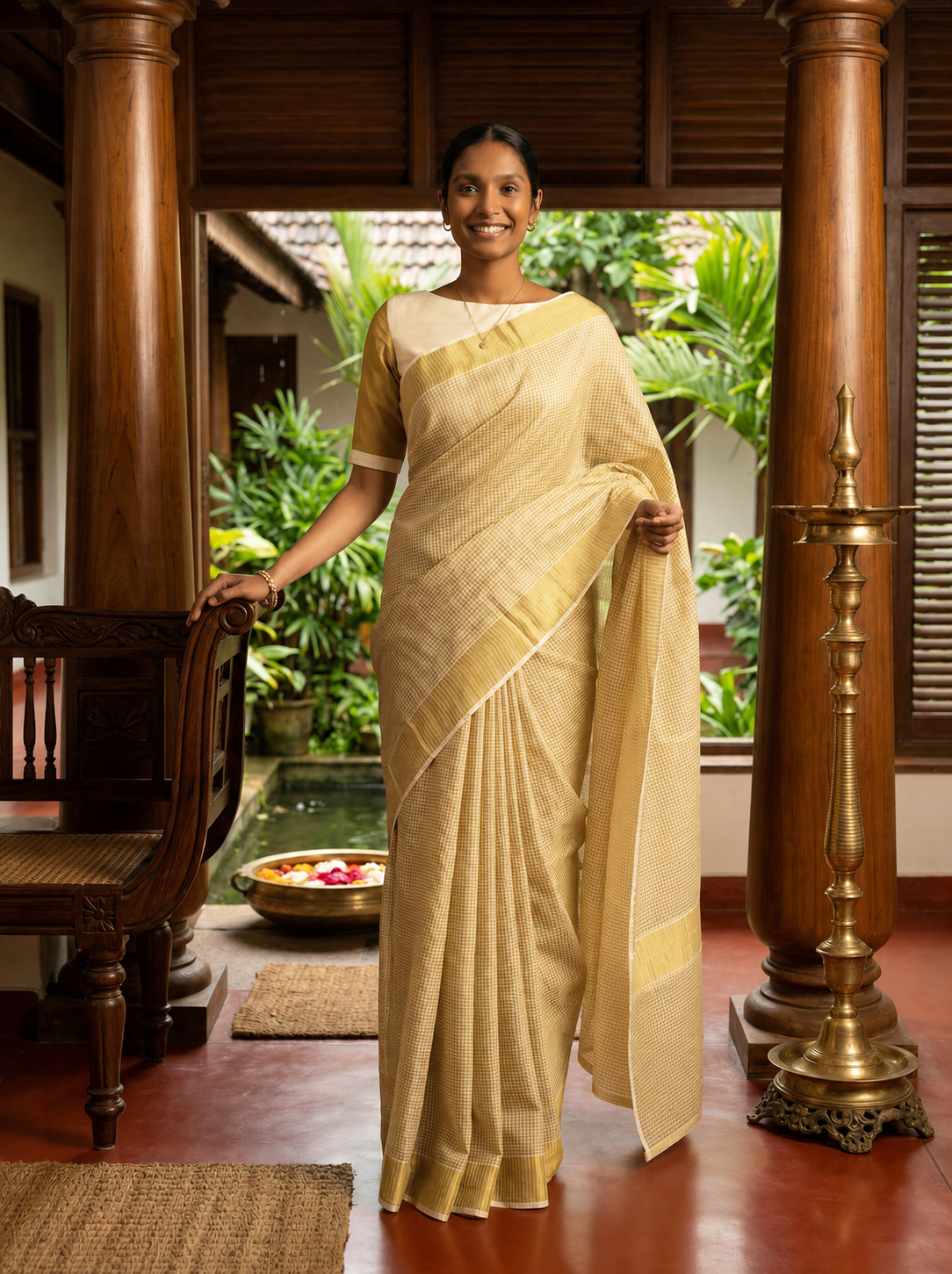 Cotton Cream Check Saree with Fine Grid Pattern & Golden Zari Border Festive Saree